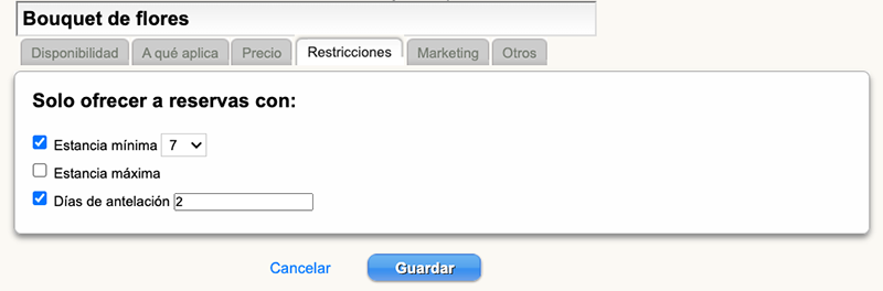 configuracion restricciones venta extras mirai