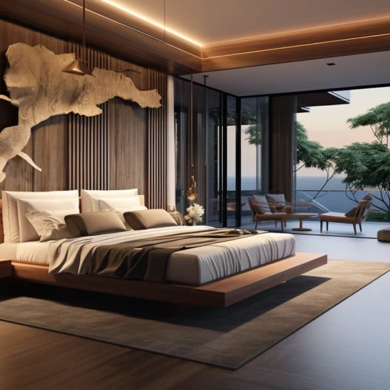Luxurious bedroom with a low wooden platform bed, warm lighting, and glass walls opening to an outdoor seating area with ocean view at sunset.