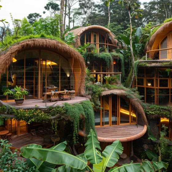 Eco-friendly tropical resort with curved thatched-roof buildings and lush jungle greenery. A wooden deck connects multiple hut-like suites.