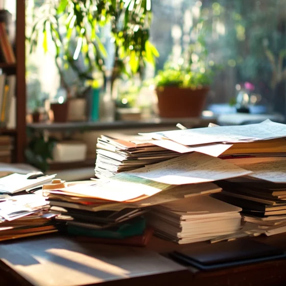 Messy wooden desk piled high with papers, envelopes, and notebooks by a sunlit window.