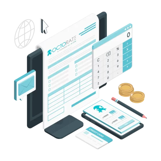 Isometric illustration of an online invoice and accounting setup with a document on a monitor, calculator, coins, and payment cards, symbolizing finance tasks.