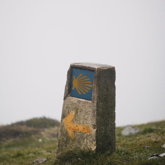 Stone marker on a grassy hillside, featuring a blue tile with a yellow scallop shell symbol (Camino marker).
