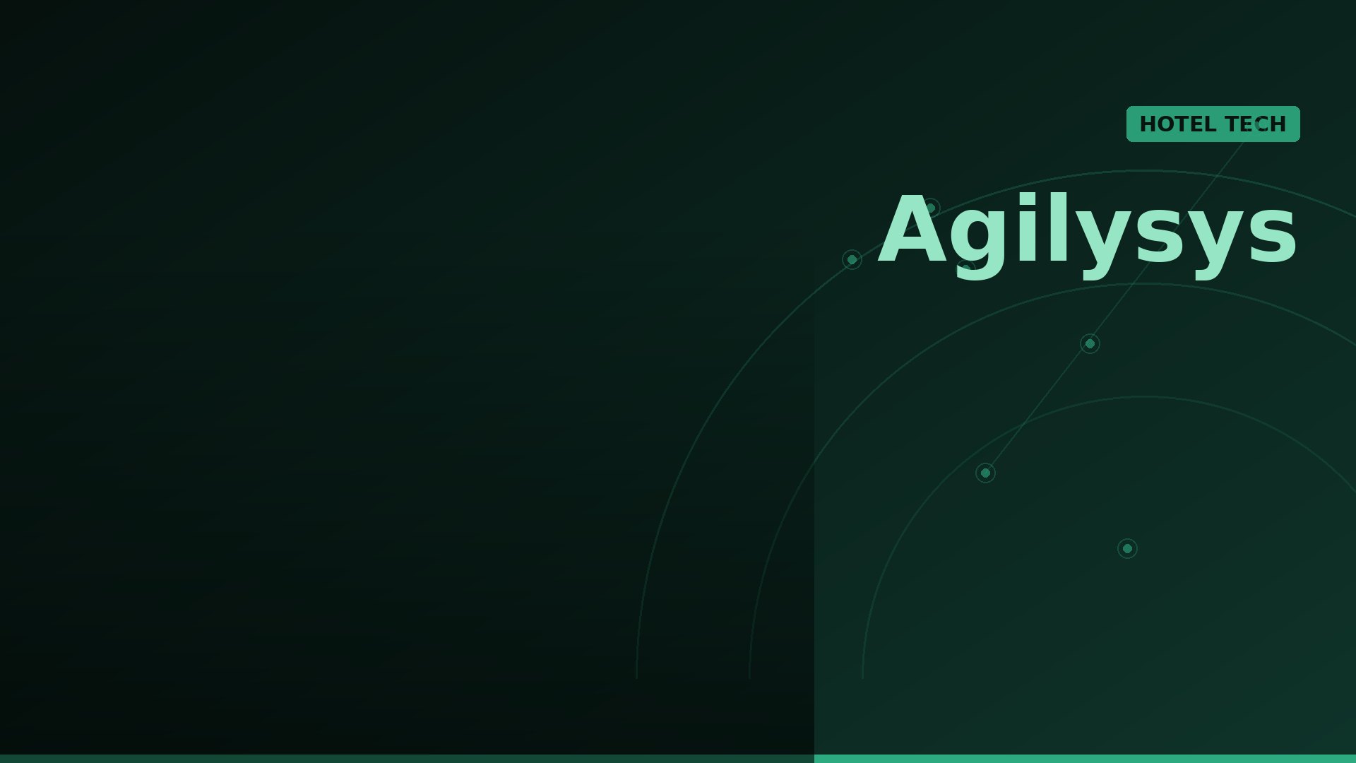 Dark green gradient banner featuring the word 'Agilysys' in large mint text with a small 'HOTEL TECH' tag at the top-right and abstract circular/arc graphics in the background (hotel tech header).