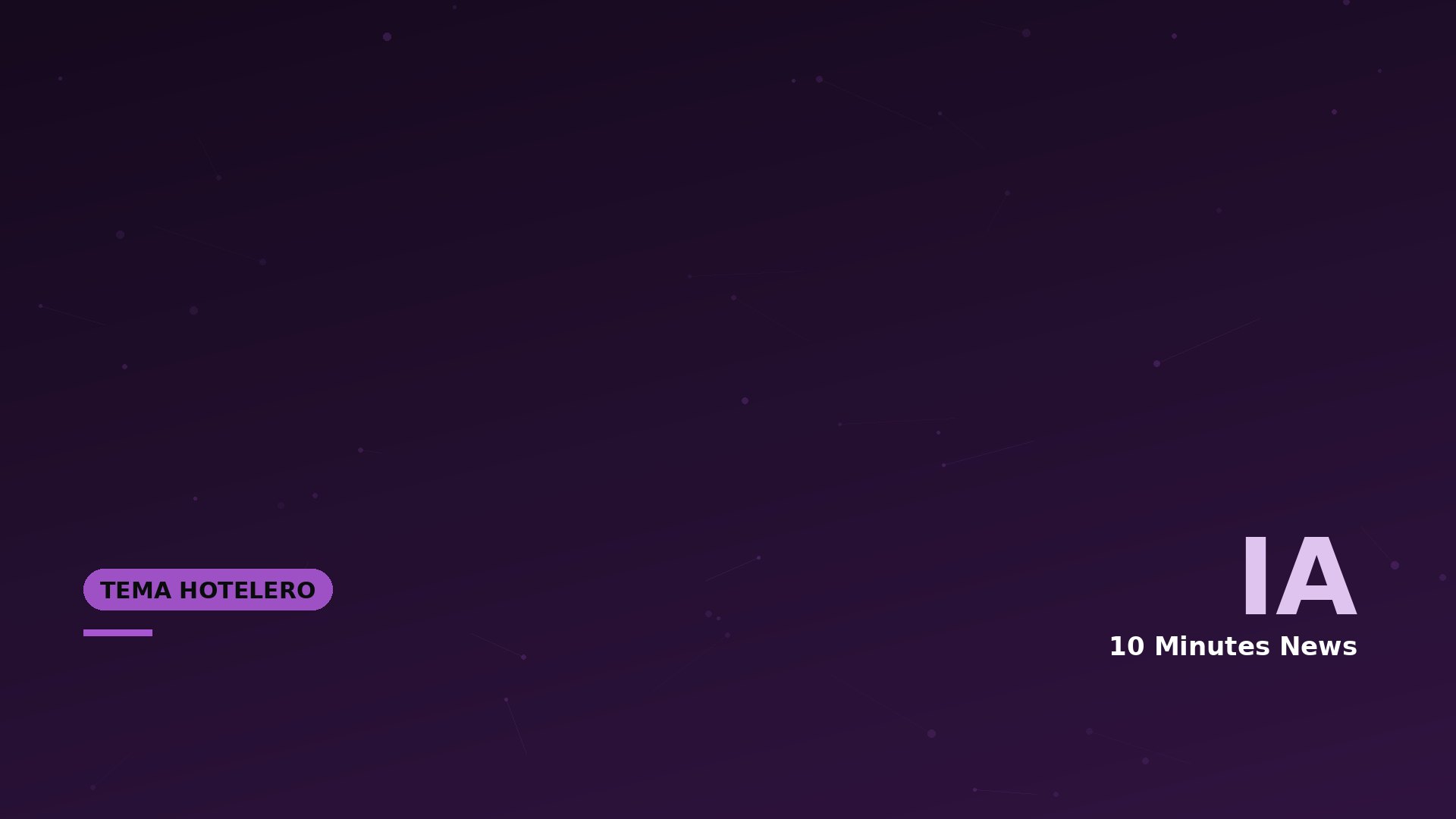 Dark purple gradient banner with scattered dots and faint lines; bottom-left shows a rounded purple badge reading 'TEMA HOTELERO'.
