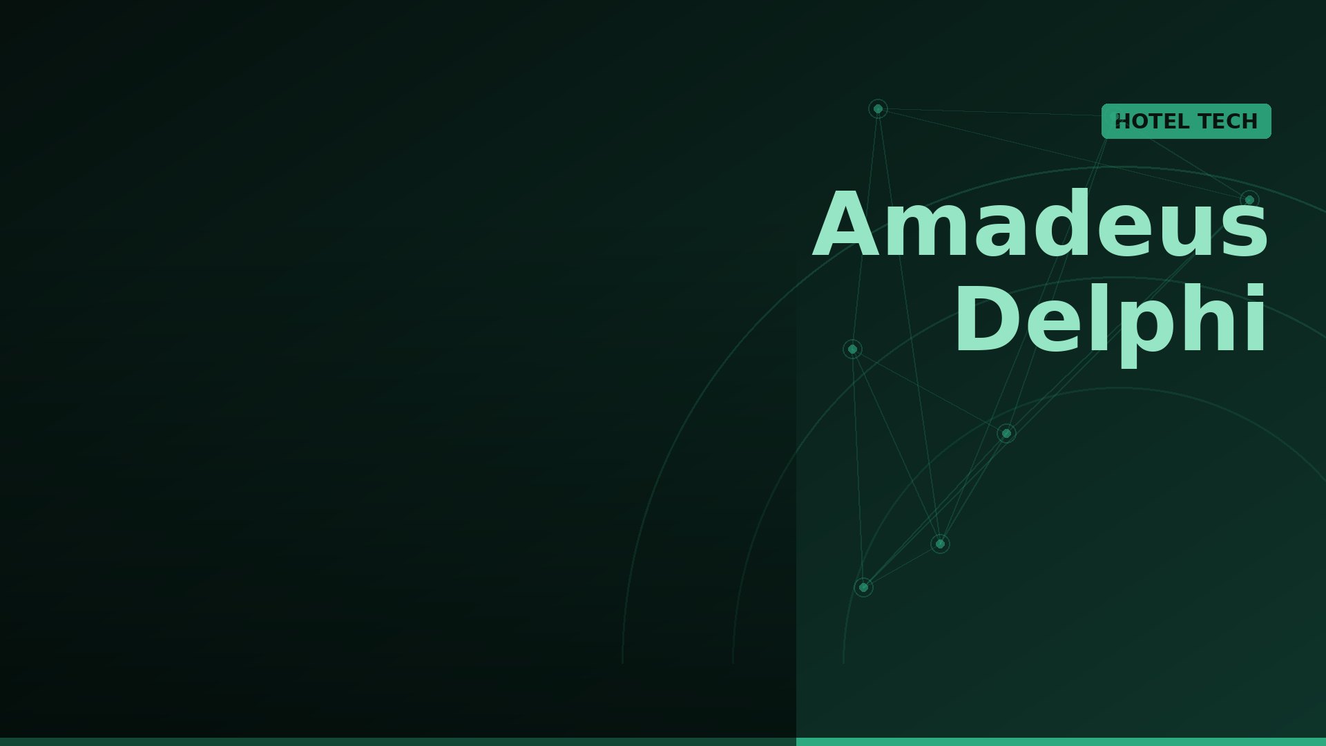 Dark green gradient hero with interconnected lines and the mint text 'Amadeus Delphi' and a 'HOTEL TECH' tag.