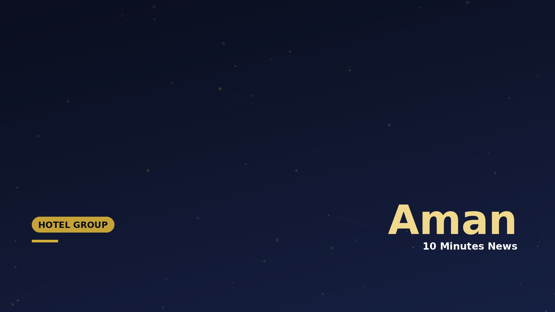 Dark blue gradient hero with scattered gold nodes connected by lines; partial gold text 'Aman' and a yellow rounded 'Hotel Group' badge on the left.