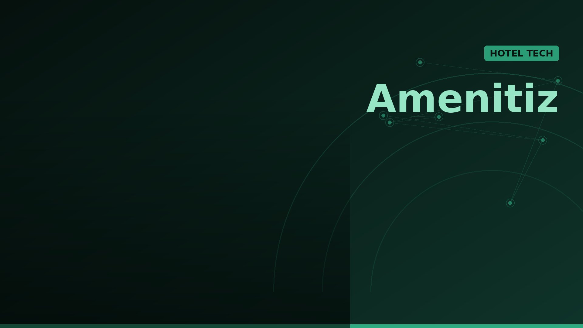 Amenitiz branding on a dark green gradient background with a turquoise HOTEL TECH badge and abstract circular lines on the right.