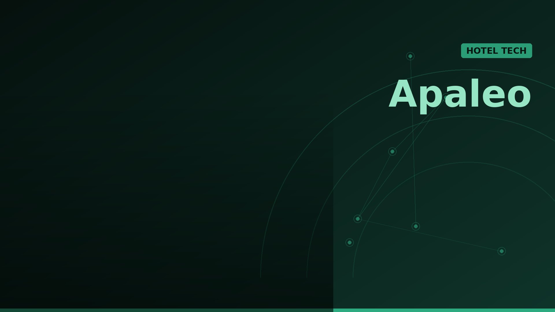 Hero banner for Apaleo with 'HOTEL TECH' tag and teal logo text on a dark green tech background with circular network lines.