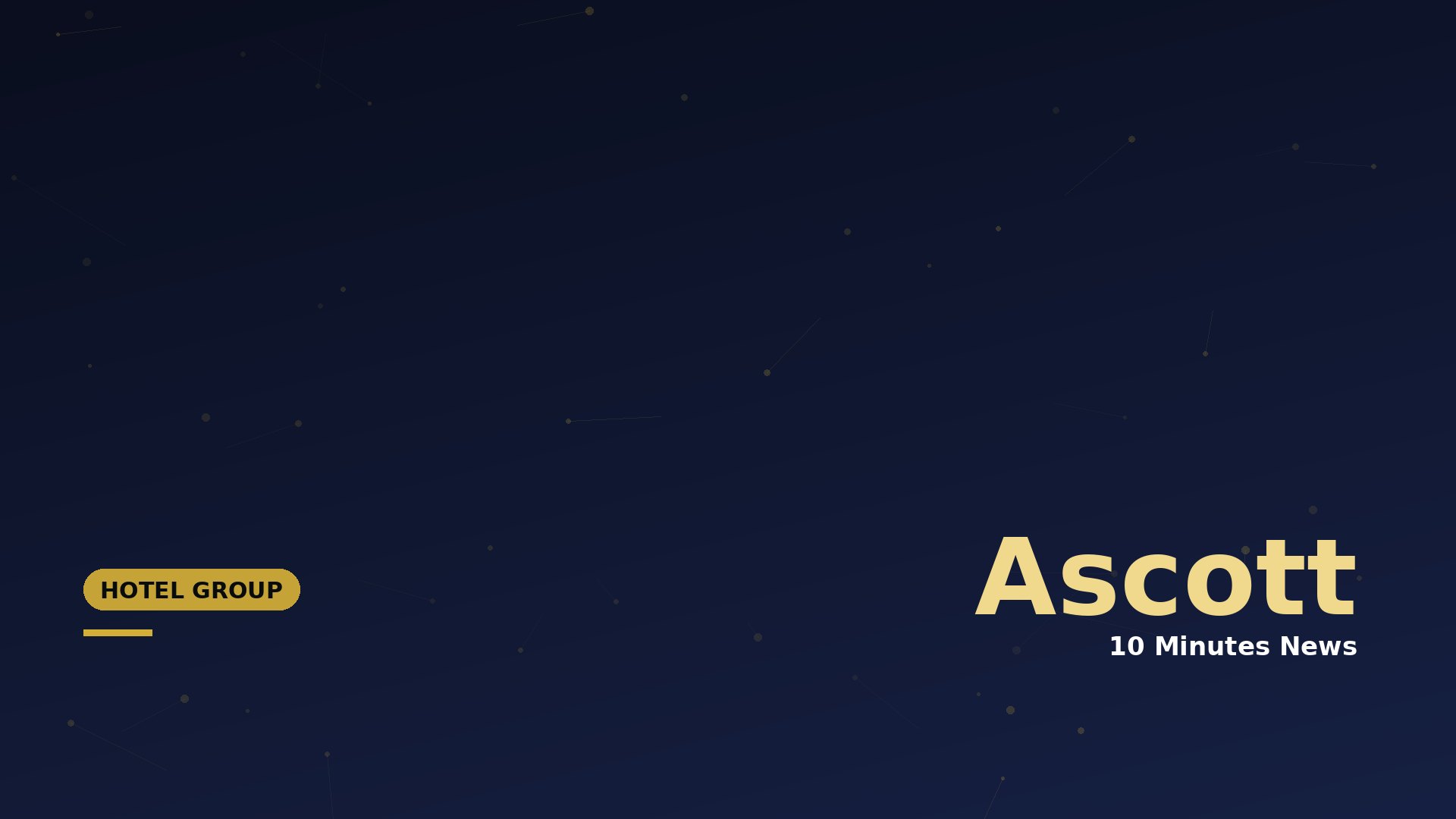 Dark blue gradient hero with subtle star-like dots and lines; large cream-colored 'Ascott' text and a yellow rounded 'HOTEL GROUP' badge on the left.