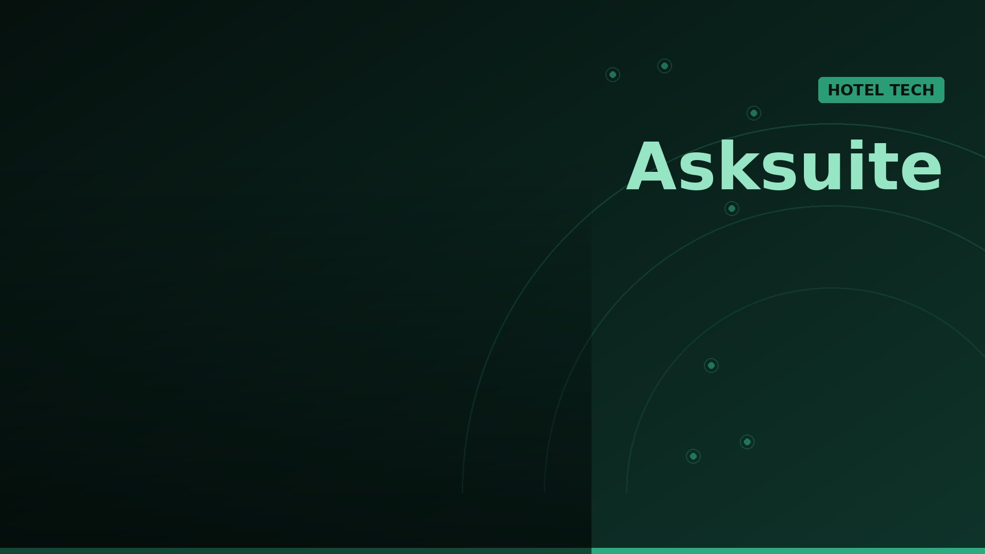 Dark green gradient hero featuring large mint text 'Askute' on the right and a teal rounded badge reading 'HOTEL TECH', with subtle circular lines and dots in the background.