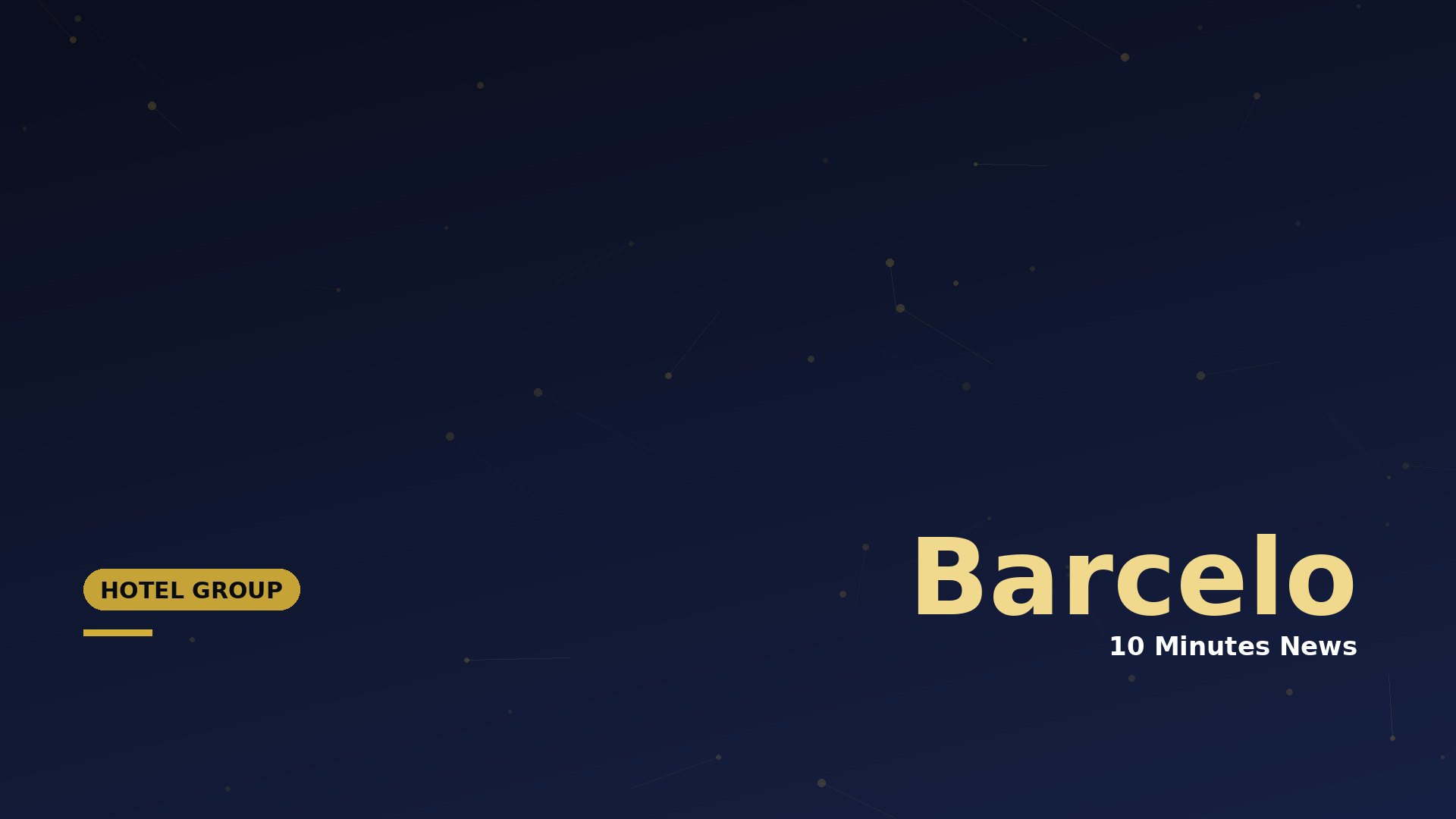 Dark blue gradient hero banner with a constellation-like network of dots and lines; large beige text 'Barcelo' and '10 Minutes News' partially visible.