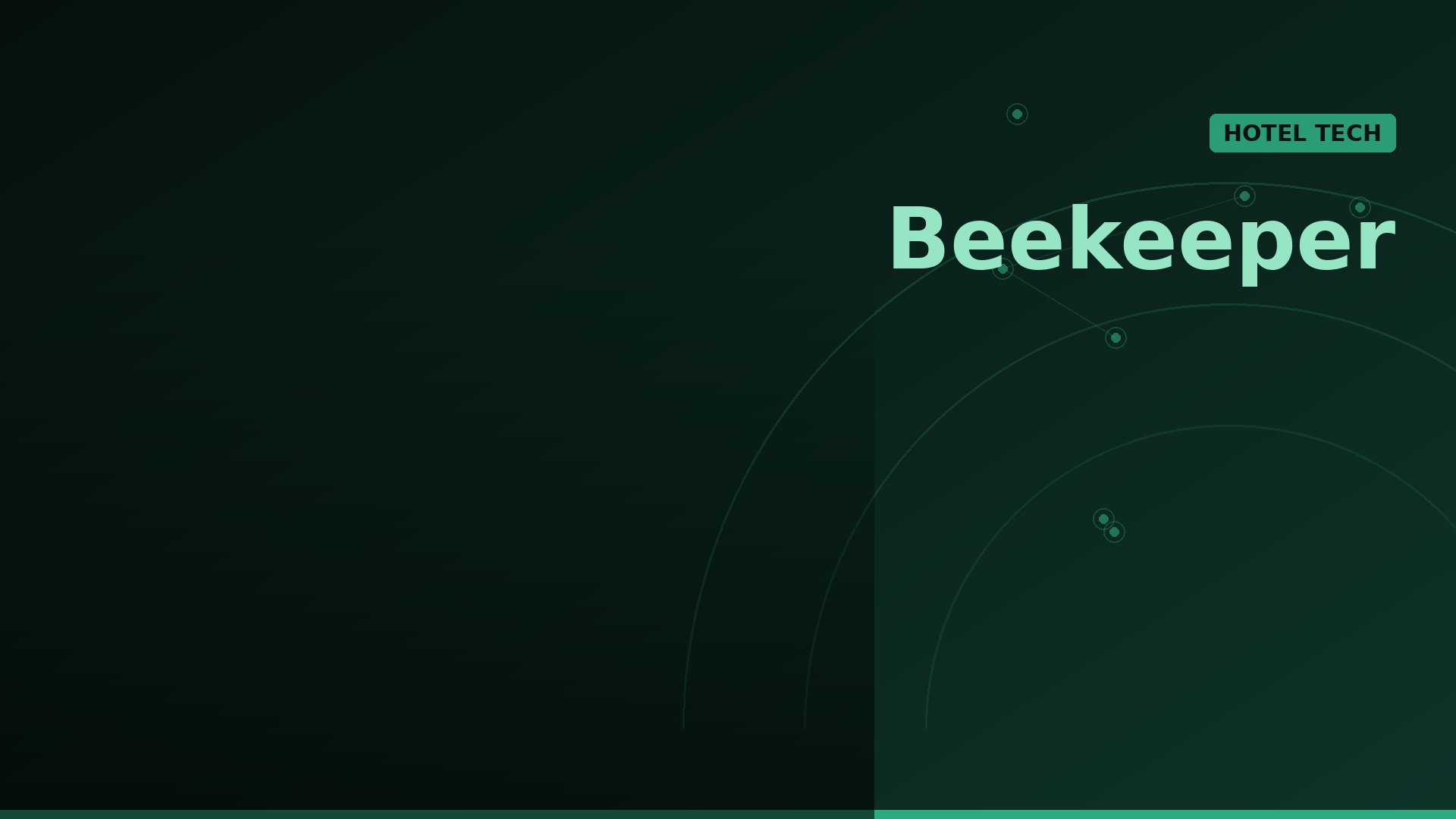 Beekeeper branding on a dark green gradient background with circular tech rings and a small mint 'HOTEL TECH' badge on the right.