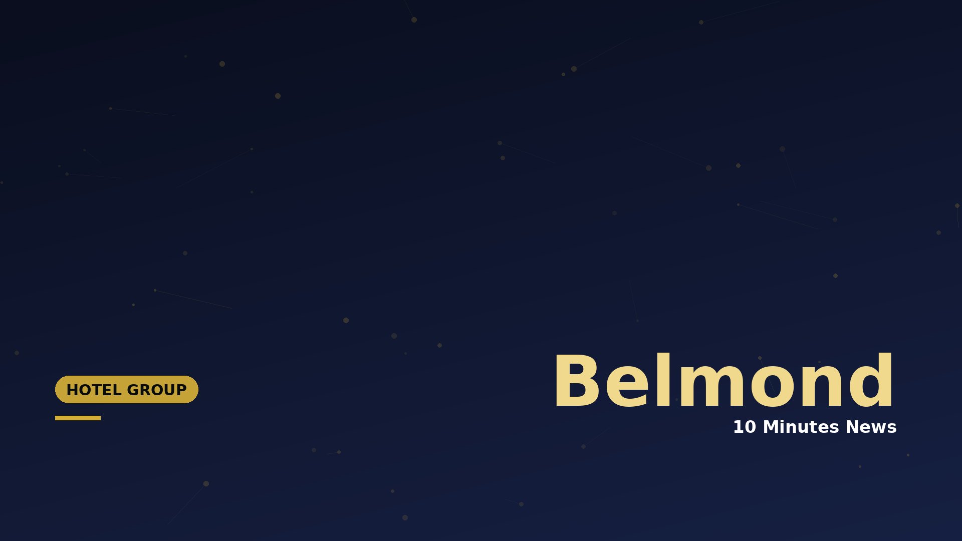 Dark blue gradient hero with scattered star-like dots and large 'Belmond' text in gold at bottom right; 'HOTEL GROUP' badge on left.