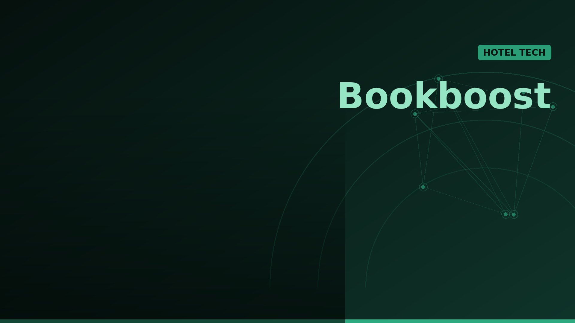 Green gradient hero with large teal 'Bookboost' text and a small rounded 'HOTEL TECH' badge, plus faint network lines on the right.