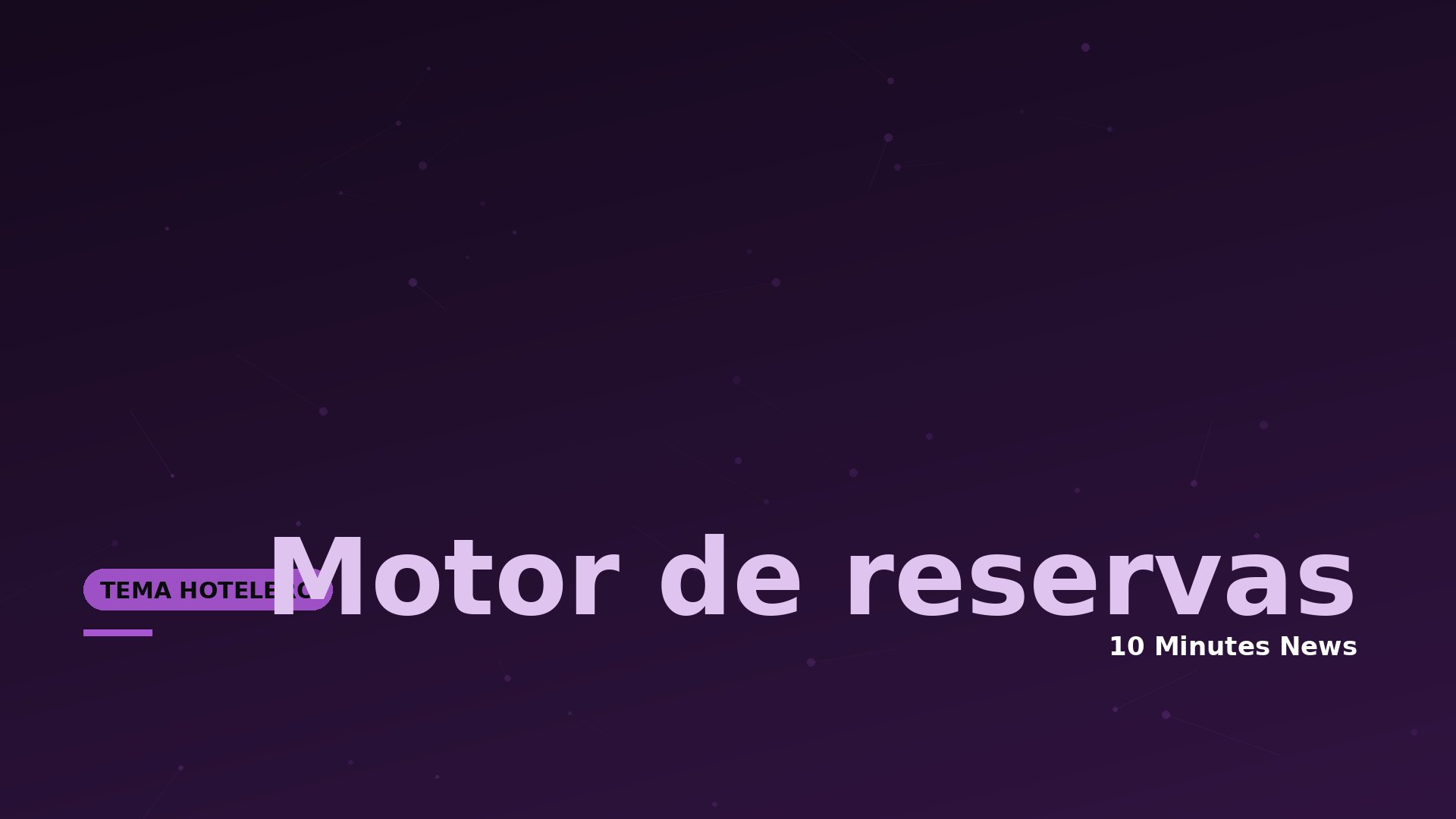 Hero banner with large pale lavender text 'Motor de reservas' on a dark purple gradient background, plus small 'TEMA HOTEL' tag and '10 Minutes News' text.