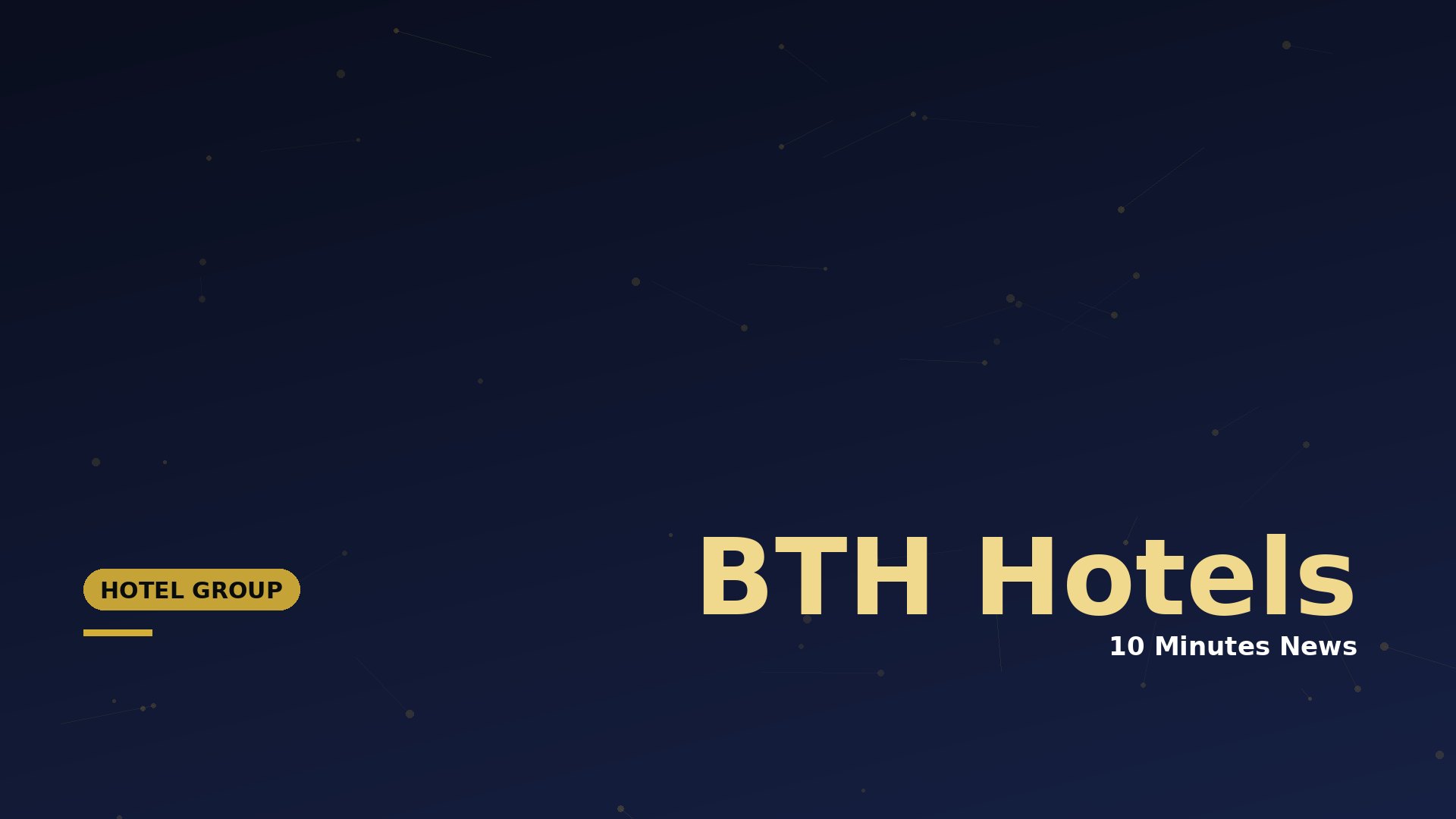 Hero banner with a dark blue gradient, gold 'HOTEL GROUP' badge on the left, and large gold text 'BTH Hotels' with a '10 Minutes News' subtitle on the right.