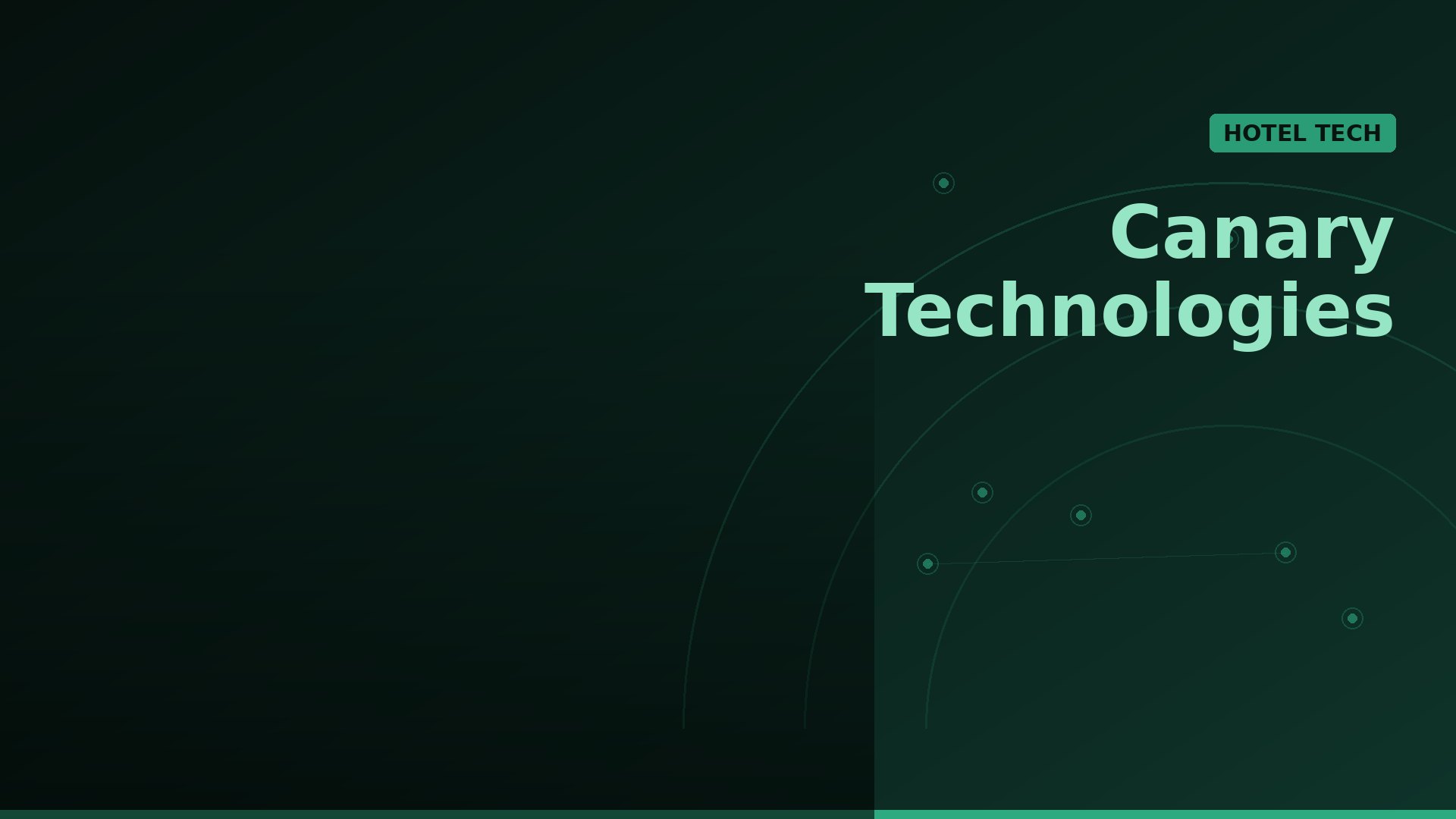 Dark green gradient hero featuring Canary Technologies branding in large mint text with a teal HOTEL TECH badge on the right and tech-style circles.