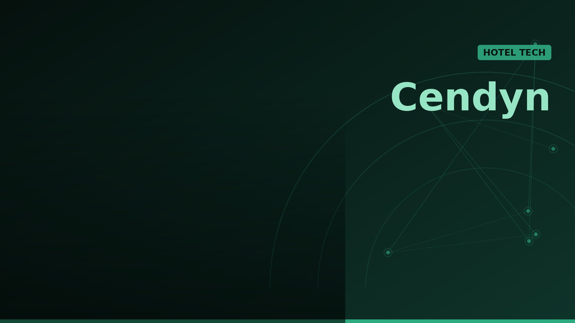 Dark green gradient hero with network lines; top-right green badge reads HOTEL TECH and large light-green 'Cendyn' text.