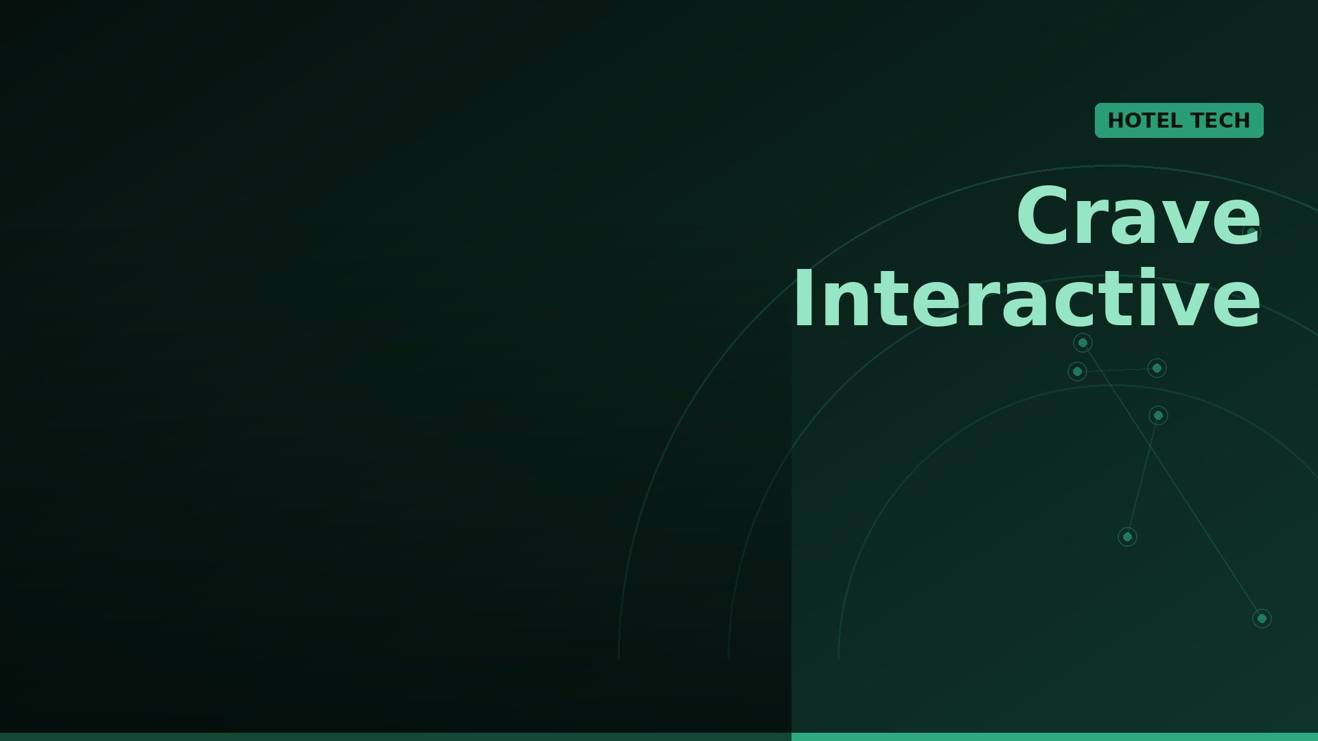 Hero banner for Crave Interactive with a green Hotel Tech badge and abstract circular tech lines on a dark green gradient background