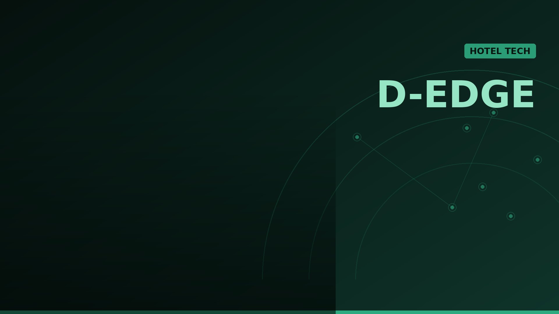Dark green hero image with the D-EDGE branding on the right, a teal 'HOTEL TECH' badge, and faint circular network lines in the background.