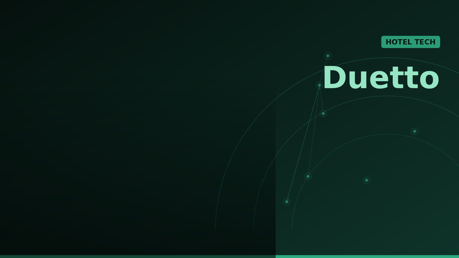 Dark green tech-themed banner featuring the word 'Duetto' with a green HOTEL TECH badge and abstract circular network lines on the right side.