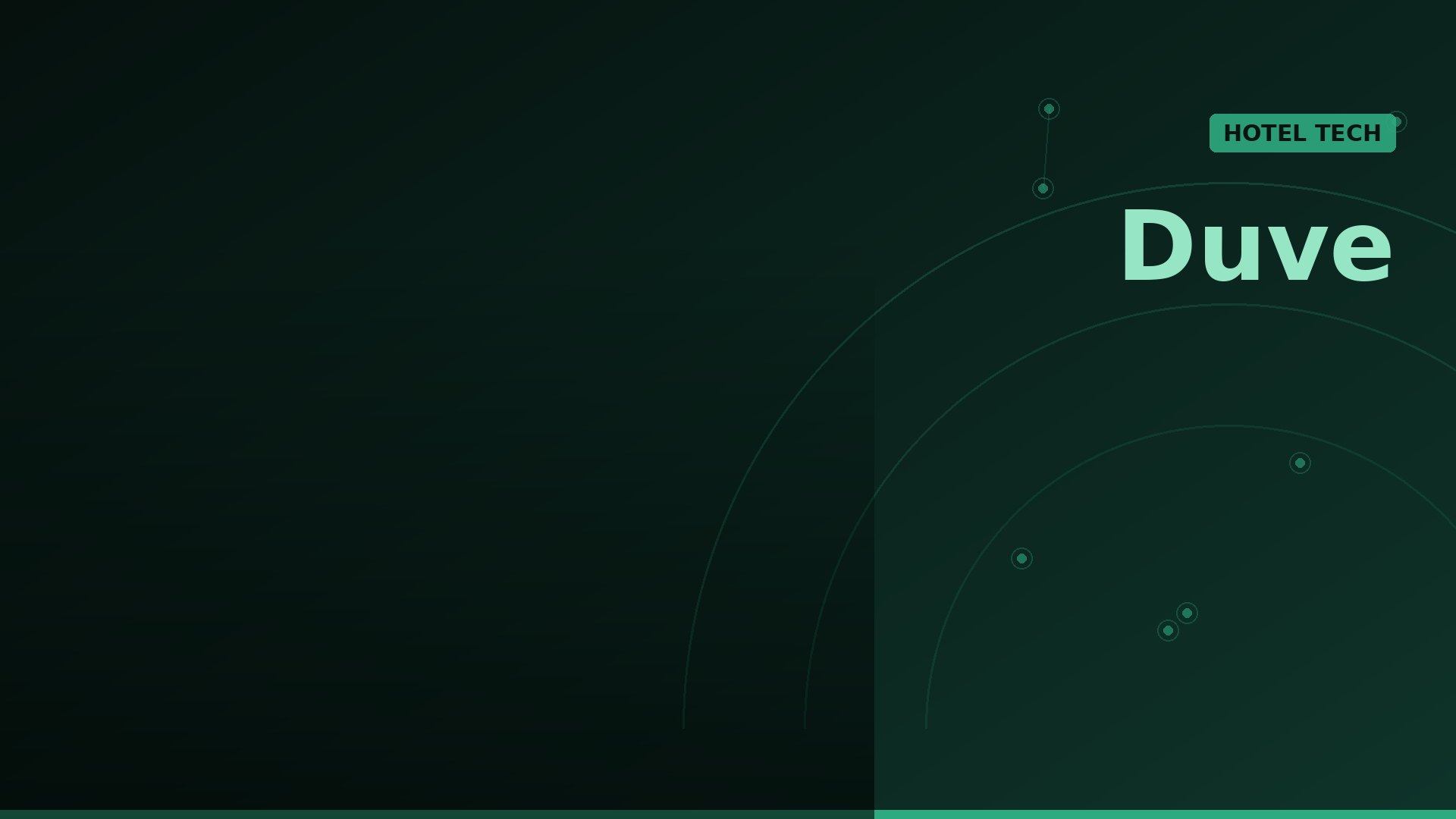 Duve brand hero banner with a dark green gradient, teal circular arcs, and a HOTEL TECH badge on the right.