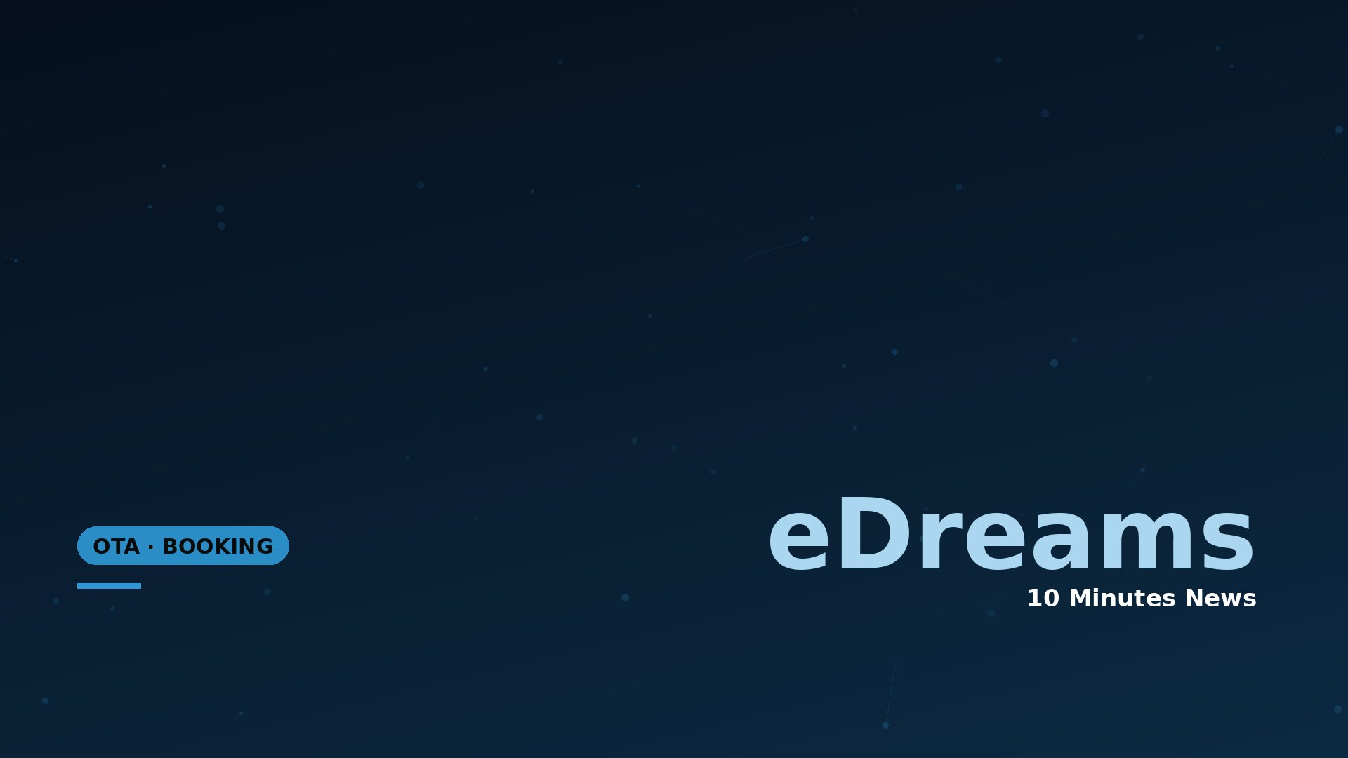 Dark blue gradient hero banner with a dotted network pattern; left shows a rounded blue tag reading 'OTA • BOOKING' and a large 'eDreams' heading to the right.