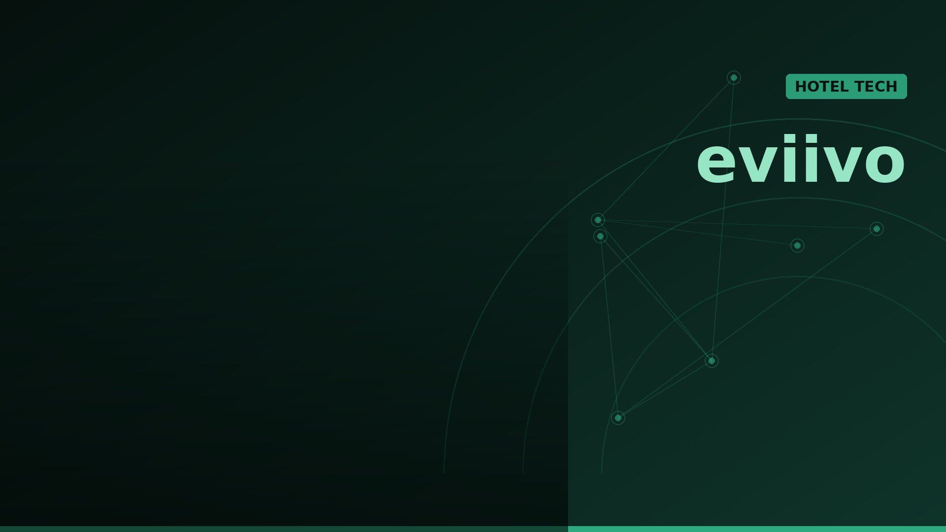 Hero banner for a hotel technology brand; dark green gradient with geometric network lines on the right and the word 'evivo' in teal, plus a small green 'HOTEL TECH' badge at the top-right.