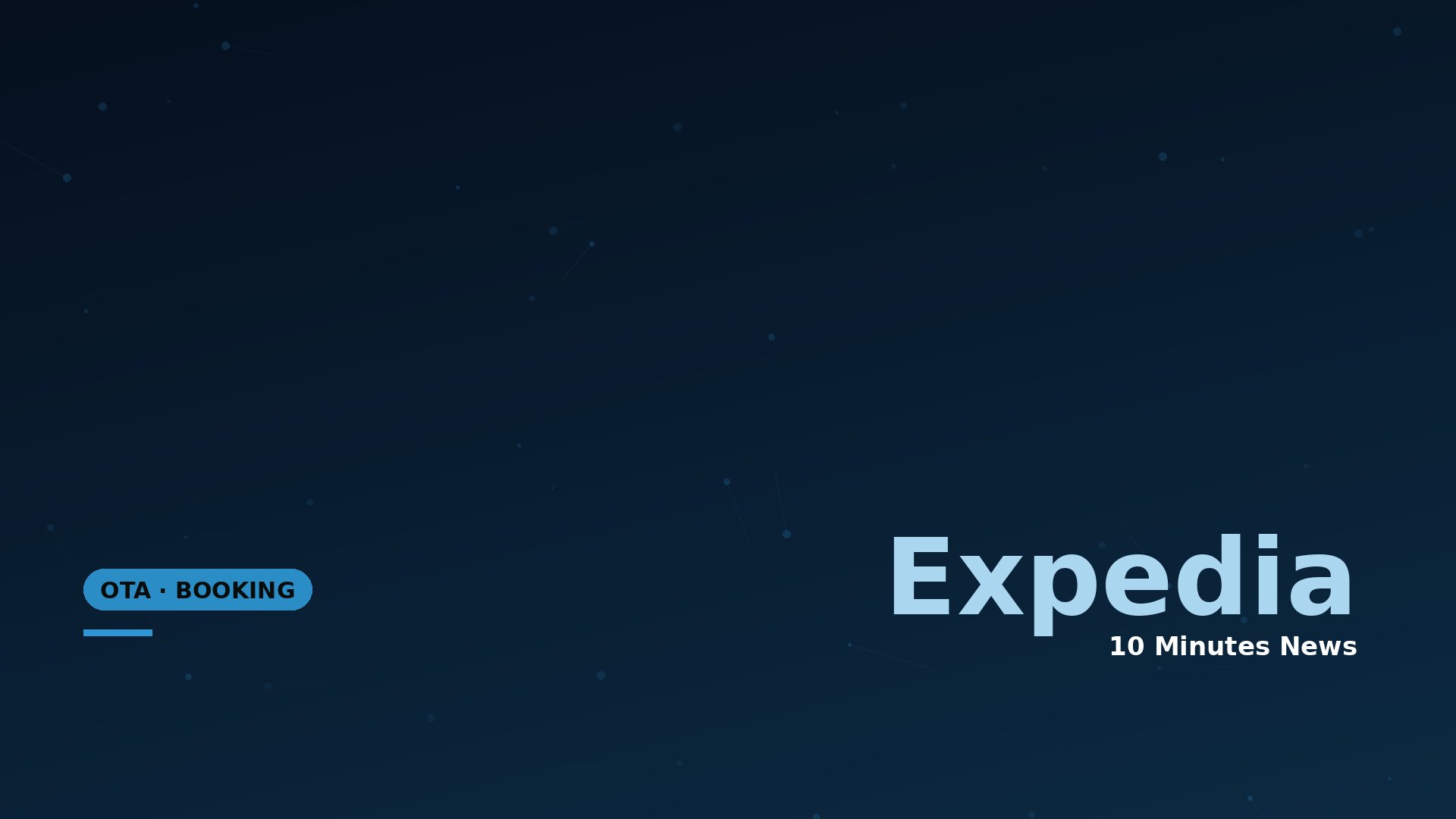 Dark blue gradient banner with a dotted network pattern; left shows a rounded badge 'OTA • BOOKING', right features large light-blue 'Expedia' and small '10 Minutes News' text.