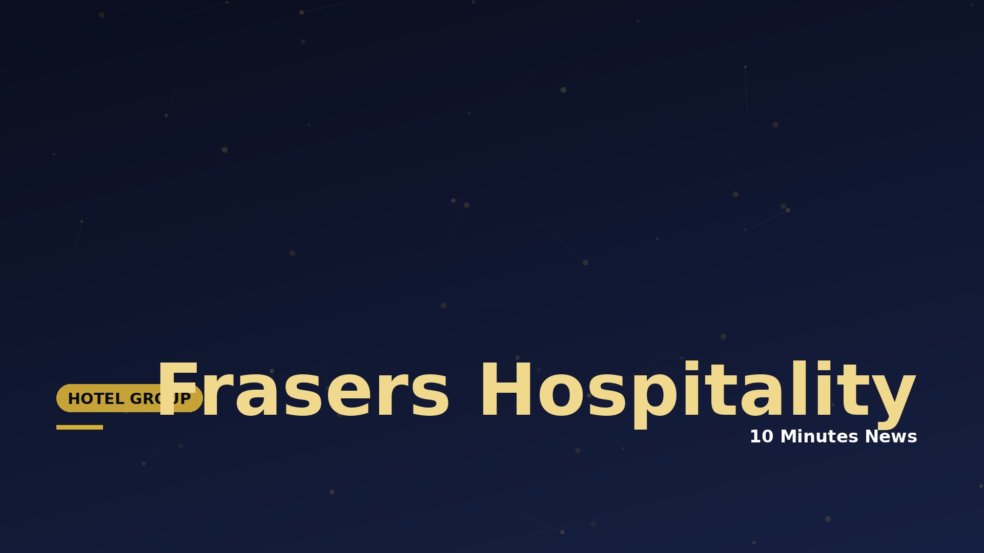 Dark blue gradient hero with subtle constellation dots and lines, featuring large beige text 'Frasers Hospitality' and a yellow 'HOTEL GROUP' badge on the left.