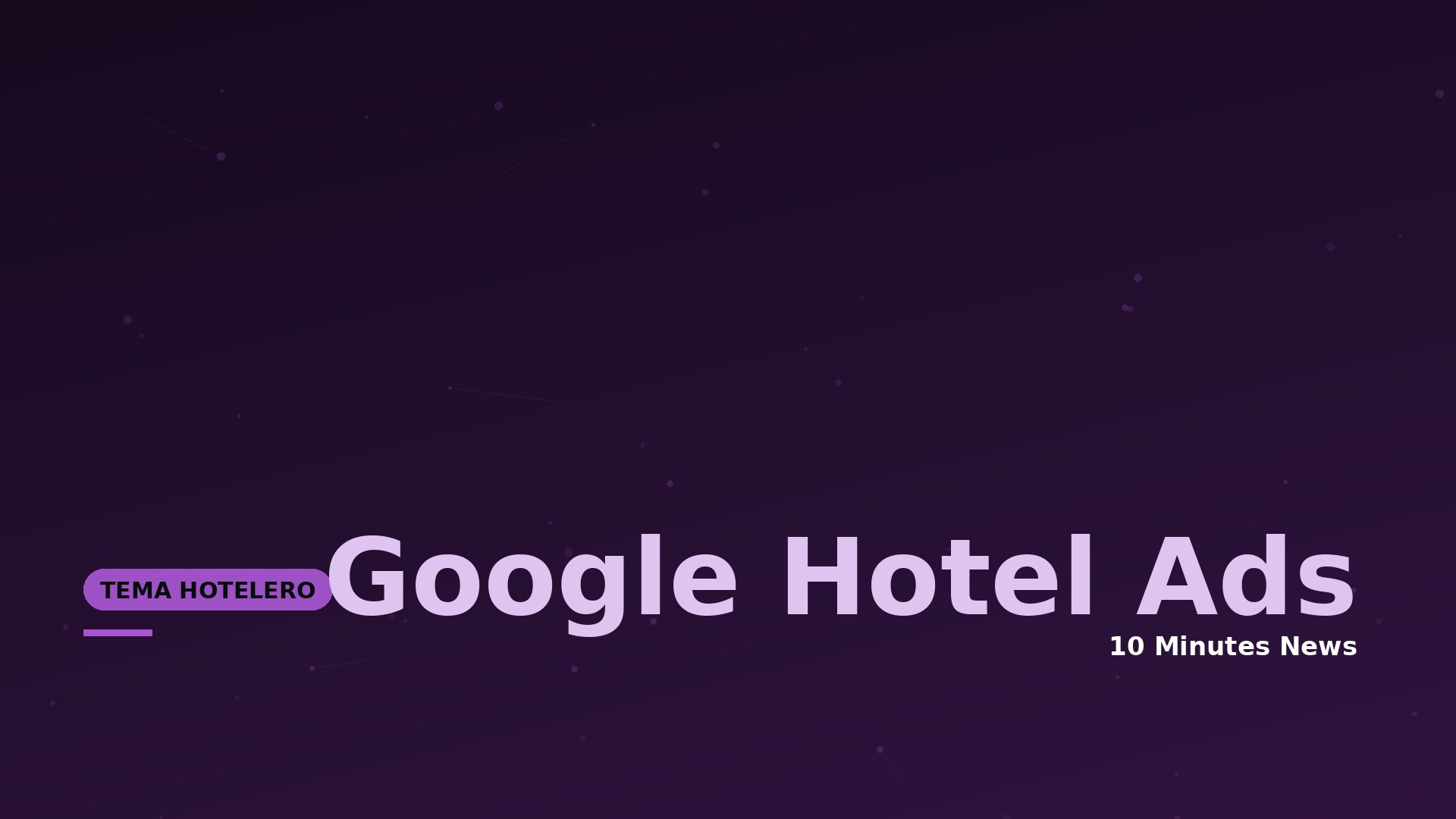 Dark purple gradient hero banner with scattered dotted lines; left shows a rounded badge reading 'Tema Hotelero', large pale pink text 'Google Hotel Ads' across the middle, and '10 Minutes News' in white on the bottom right.