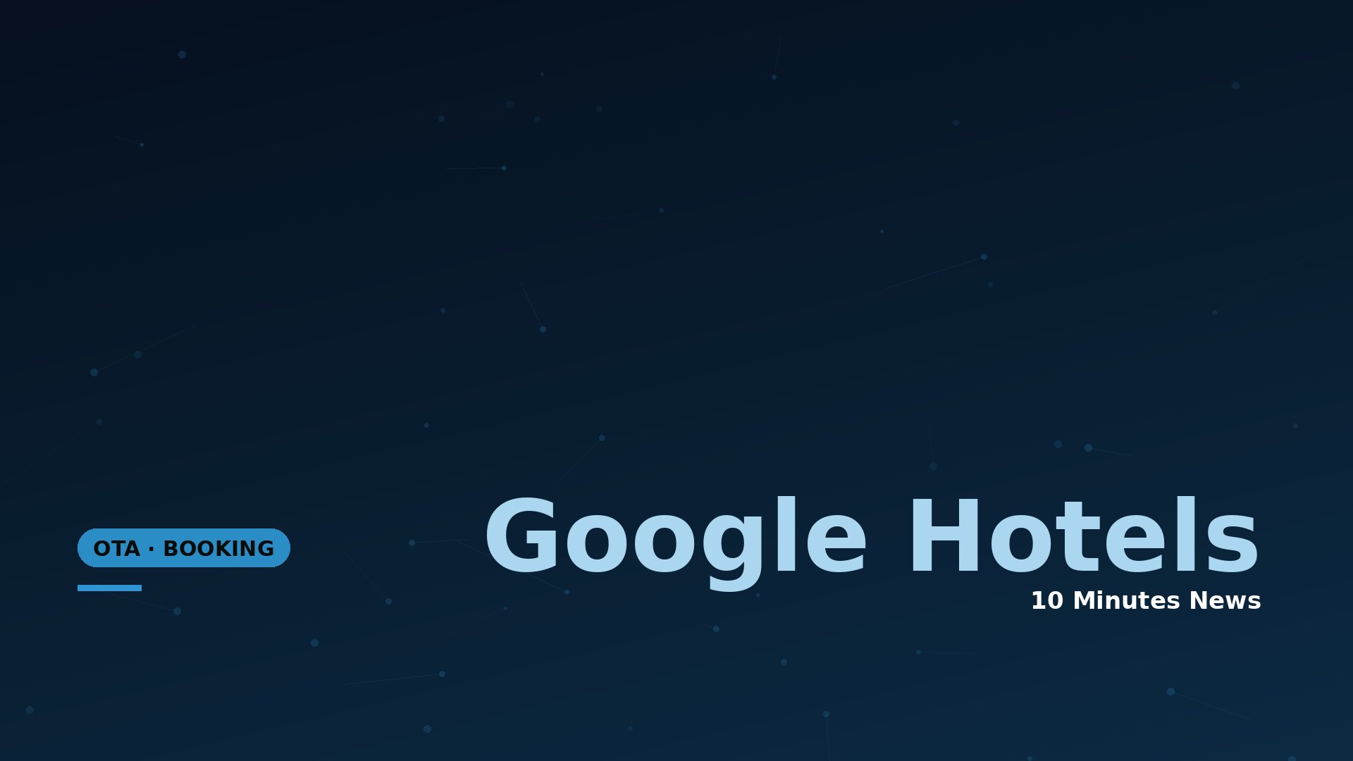Dark blue gradient background with a faint dotted network pattern and partial headings: 'Google Hotels' and '10 Minutes News'; blue OTA badge on the left.