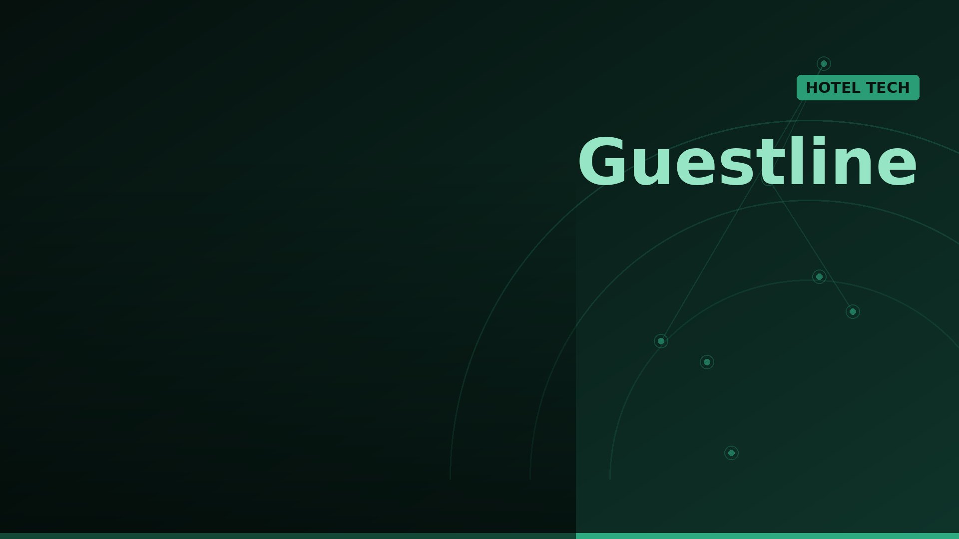 Brand banner featuring the word 'Guestline' on a dark green gradient background with a small green label 'HOTEL TECH' at the top right and abstract network arcs and nodes on the right side.