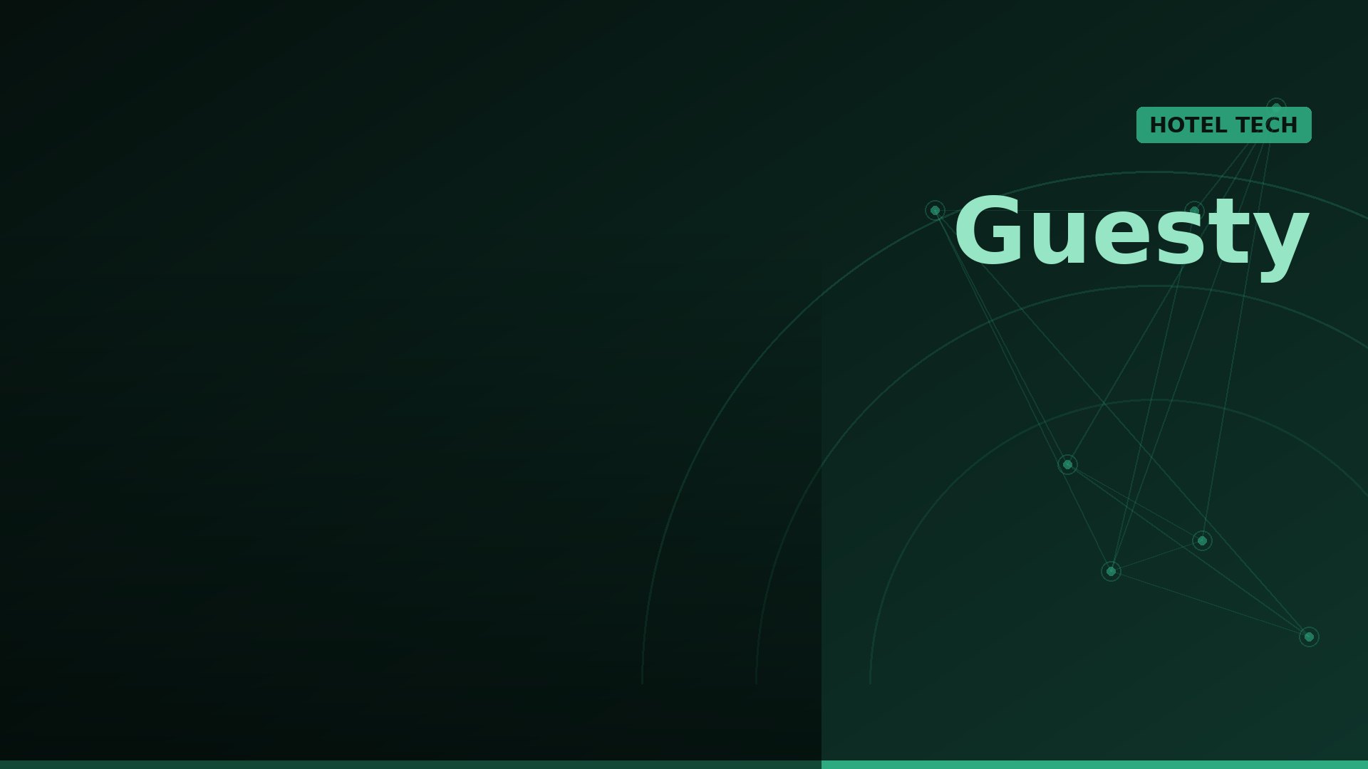 Dark green gradient hero with network lines and nodes on the right, featuring the mint-green 'Guesty' text and a green 'HOTEL TECH' badge in the top-right.