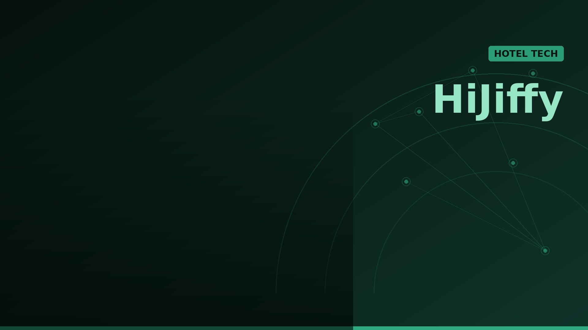 Teal Hijiffy logo with a HOTEL TECH badge on a dark green gradient hero, over a geometric network of lines and nodes.