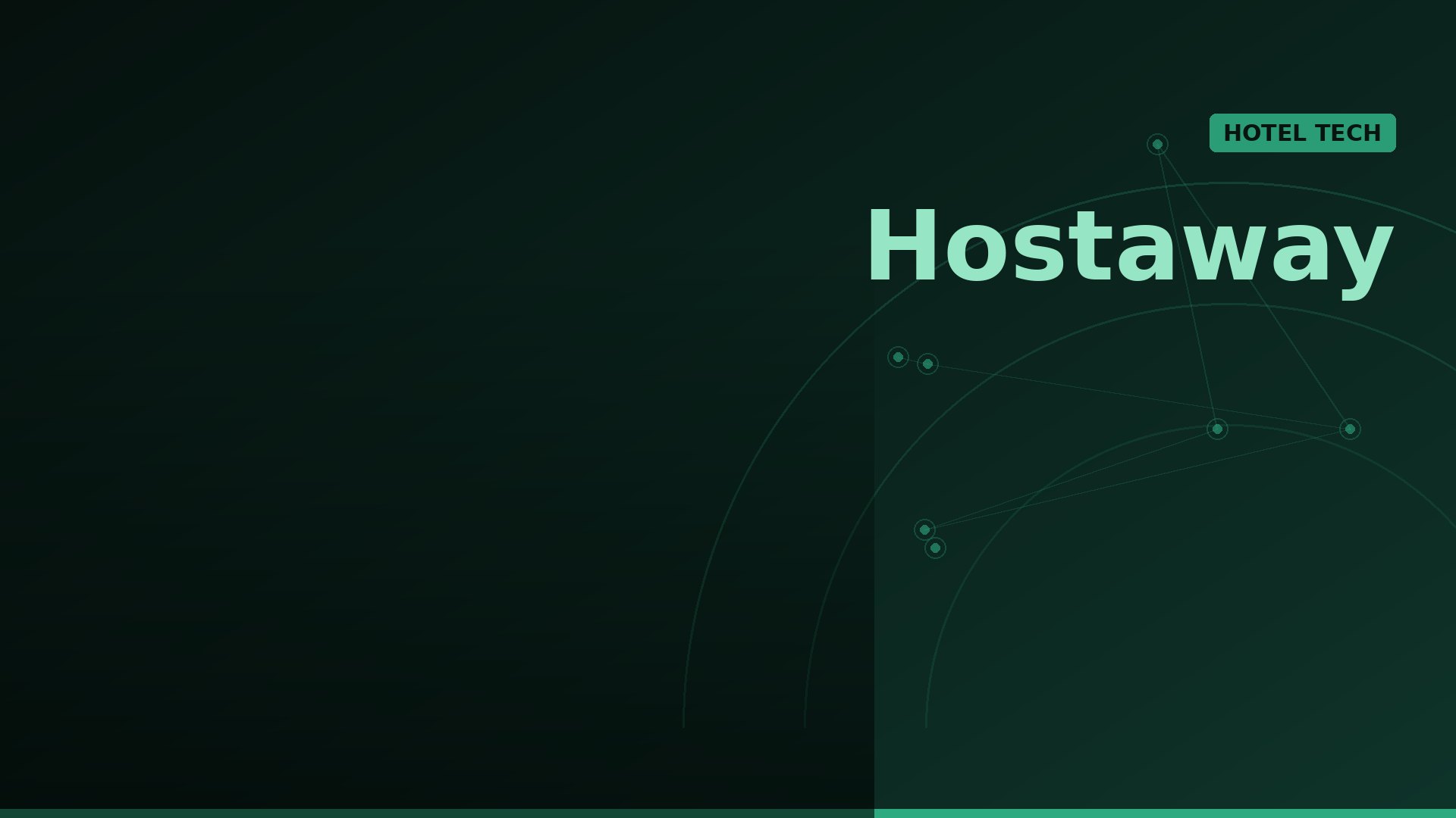 Hero banner for Hostaway with teal wordmark and a HOTEL TECH badge over a dark green gradient with abstract network lines.