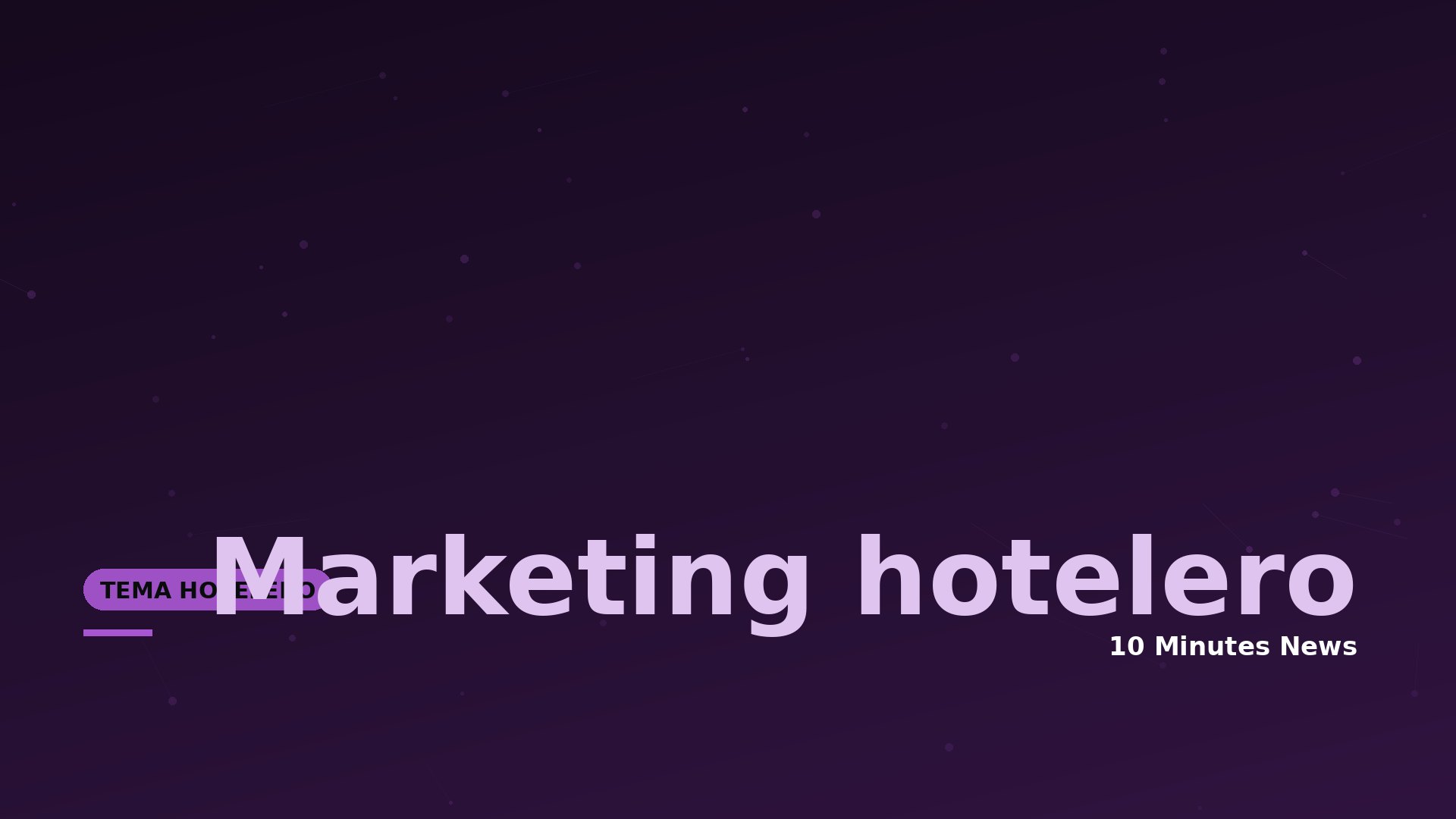 Dark purple gradient hero with large pale lavender text 'Marketing hotelero' across the bottom, plus a rounded purple label on the left and '10 Minutes News' in white toward the bottom-right.