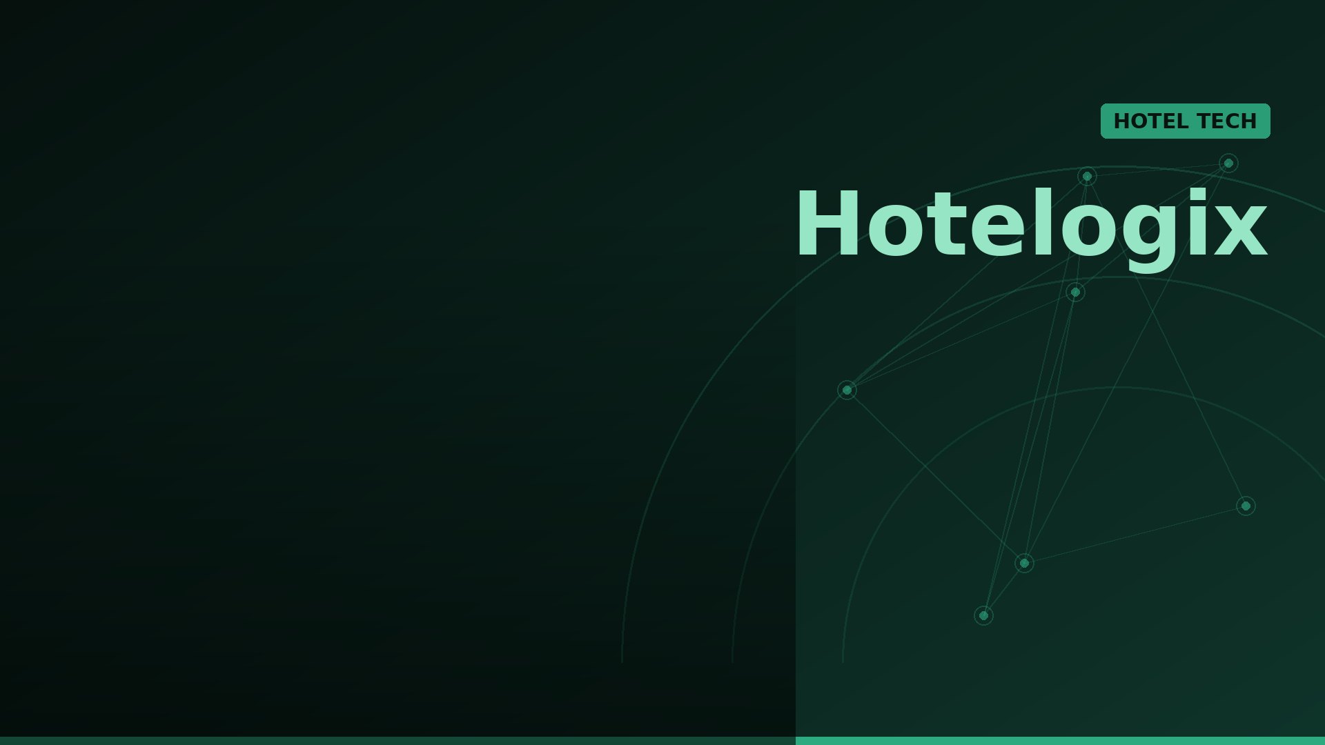 Dark green gradient hero banner with a light green 'Hotelgix' wordmark on the right and a small 'HOTEL TECH' badge; abstract network lines in the background.