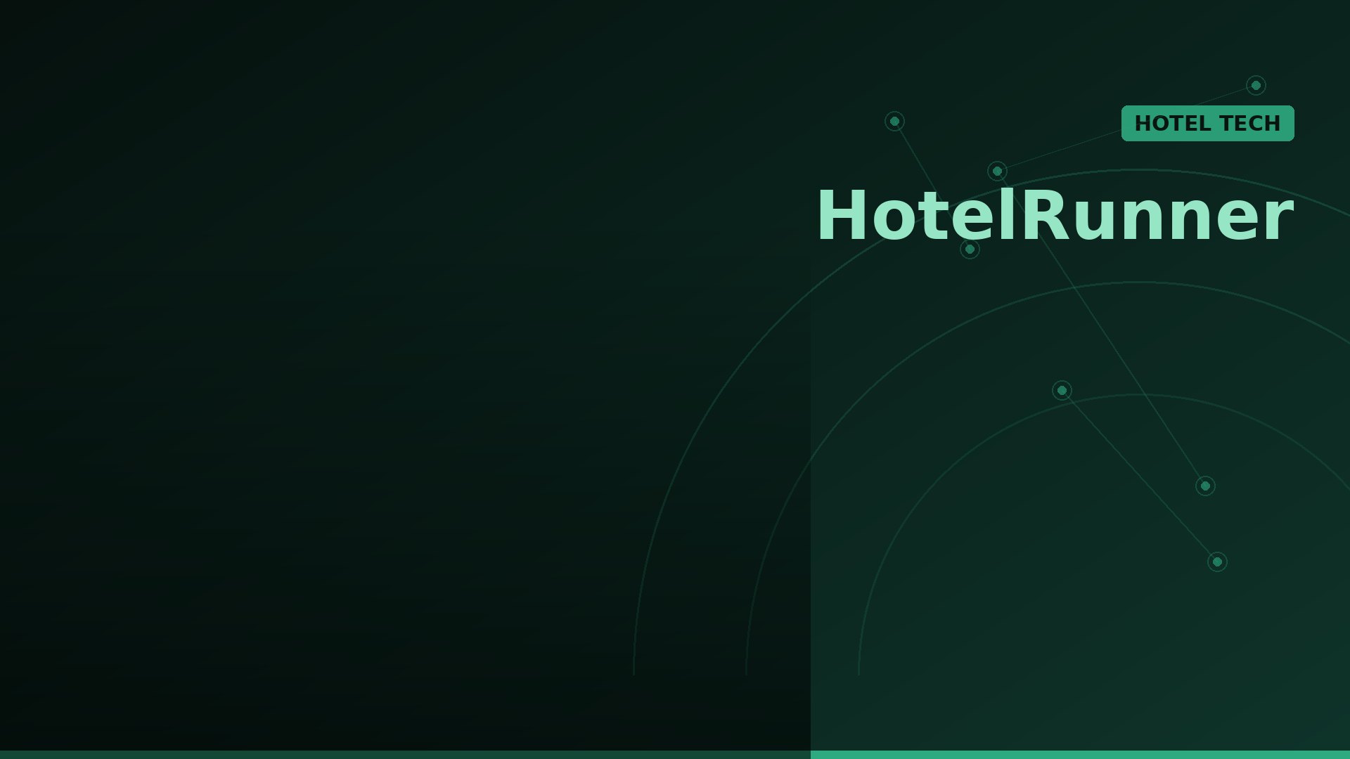 Dark green gradient hero with network circles, showing the words 'HotelRunner' and a 'HOTEL TECH' tag on the right.