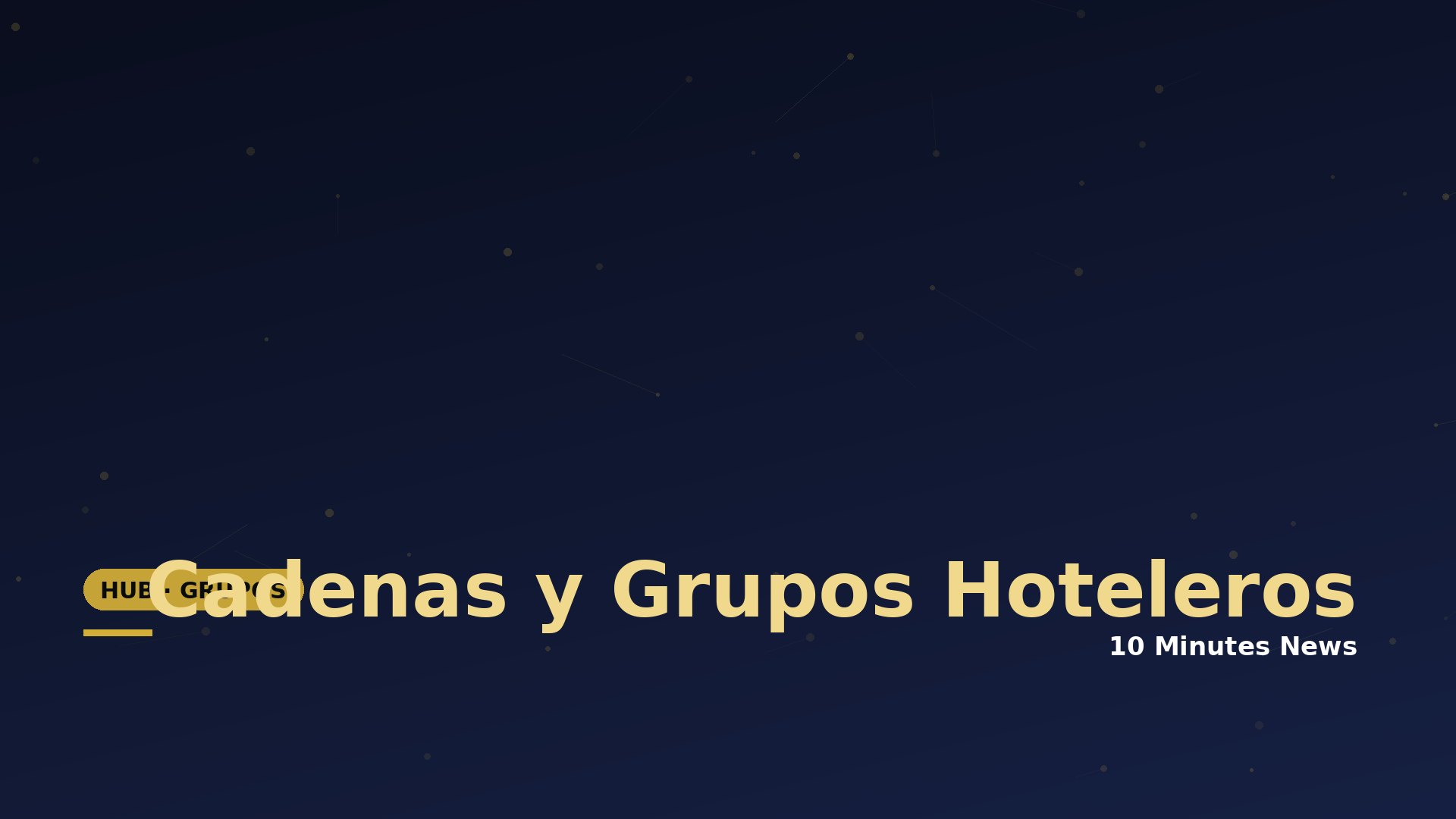 Dark blue gradient hero banner with small star-like dots and lines; partial beige headline 'Cadenas y Grupos Hoteleros' and a yellow badge reading 'HUB' at left; '10 Minutes News' below.