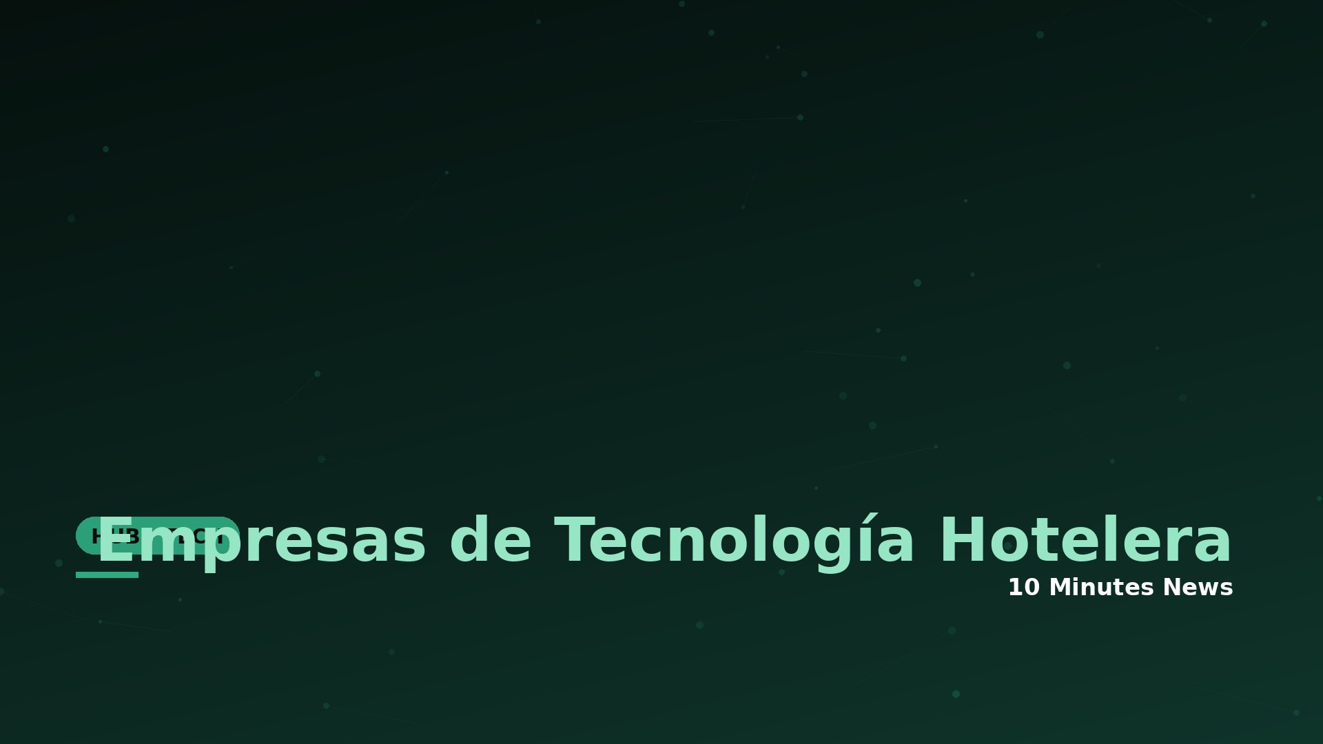 Encabezado de revista con el título 'Empresas de Tecnología Hotelera' sobre fondo verde oscuro con motivos de puntos y líneas. This conveys the main message and design intent of the hero image.