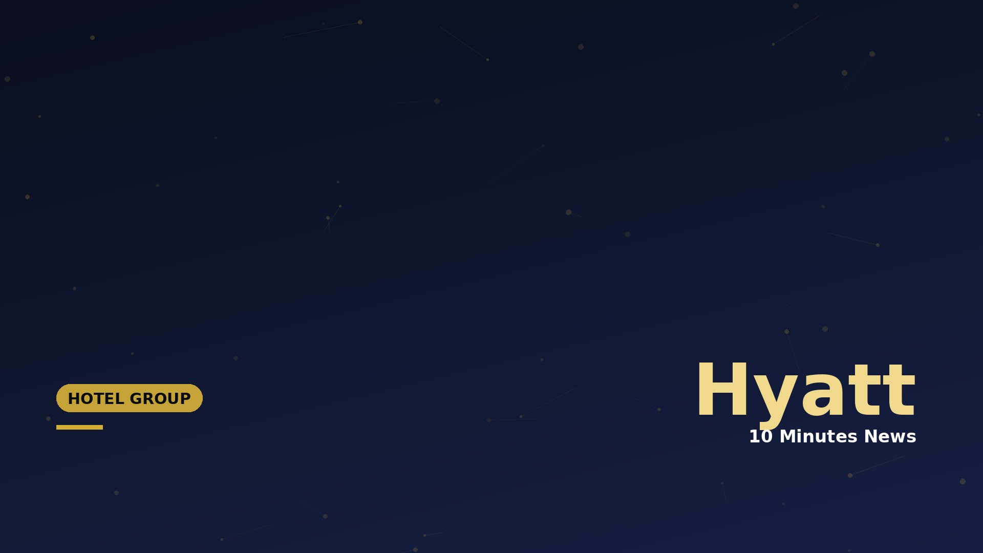 Hyatt hero banner: dark blue gradient background with small gold dots and lines, large beige 'Hyatt' text bottom-right, '10 Minutes News' subtitle beneath it, and a yellow rounded 'HOTEL GROUP' badge bottom-left.