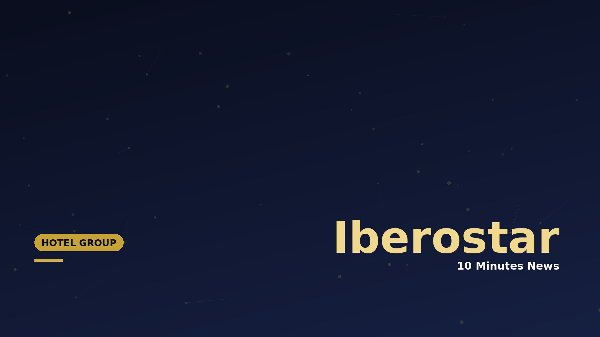 Navy gradient hero with a gold dotted constellation background, showing the Iberostar name on the right and a gold 'Hotel Group' badge on the left.