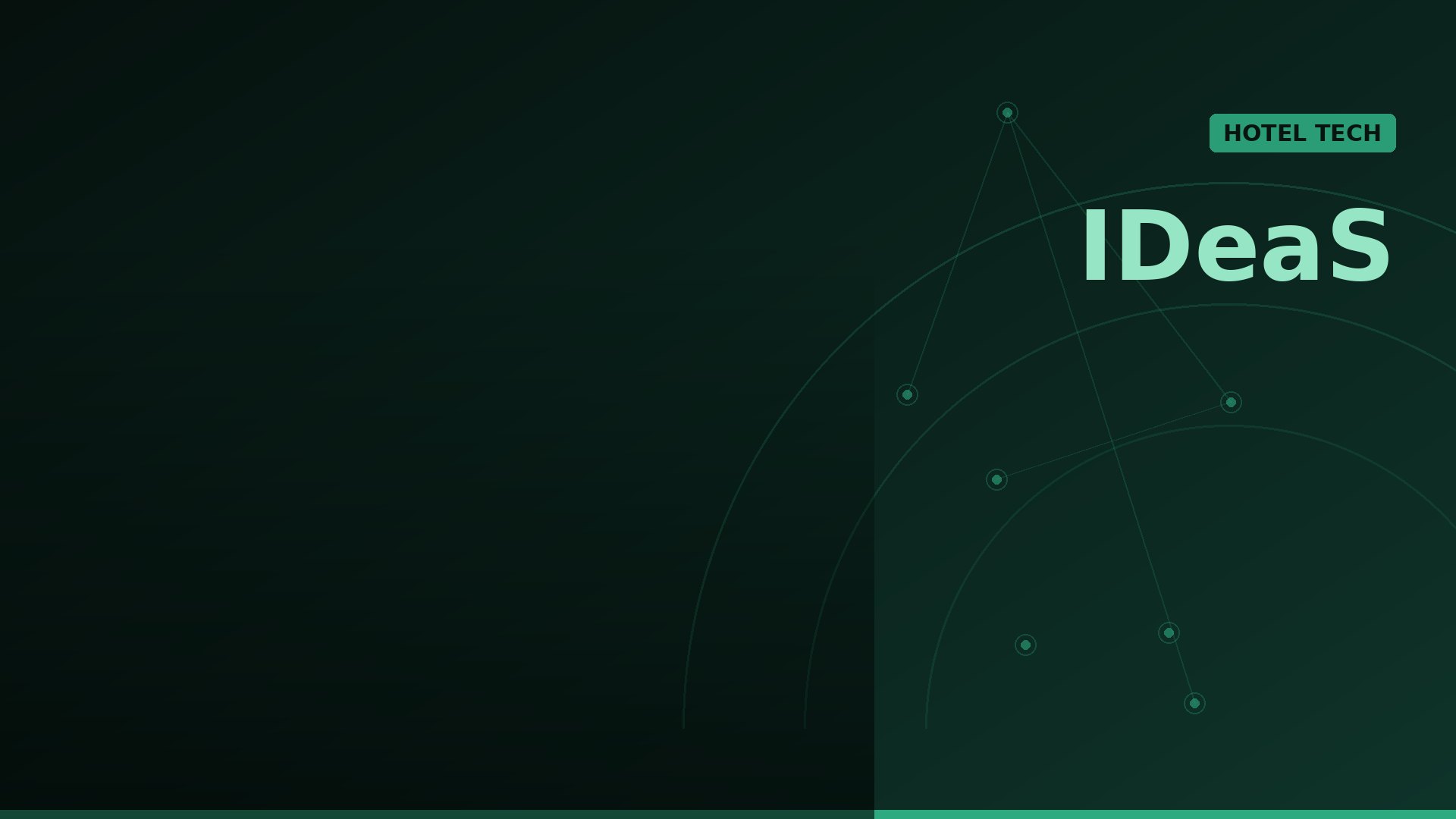 Dark green gradient banner with network lines and dots, featuring the IDeaS logo and a HOTEL TECH badge.