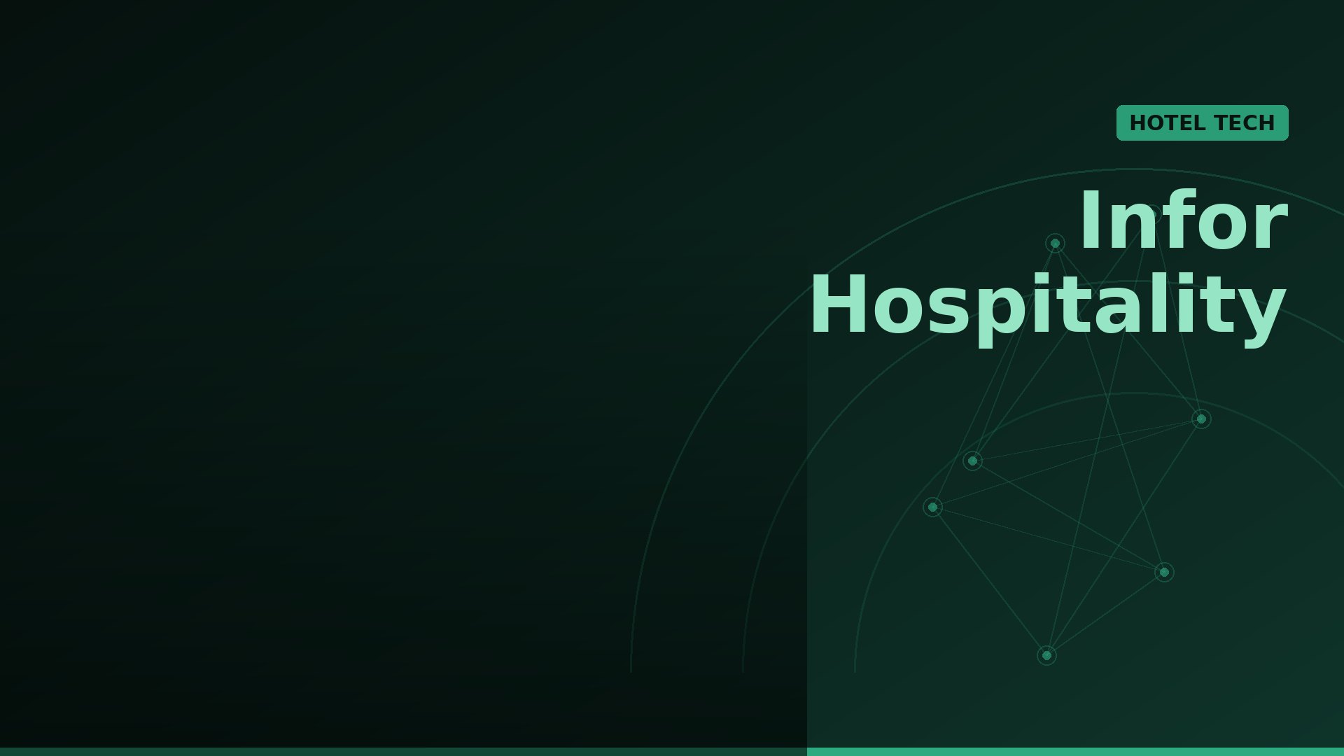 Abstract dark green banner with 'Infor Hospitality' in teal text and a green 'HOTEL TECH' label, over interconnected network lines.