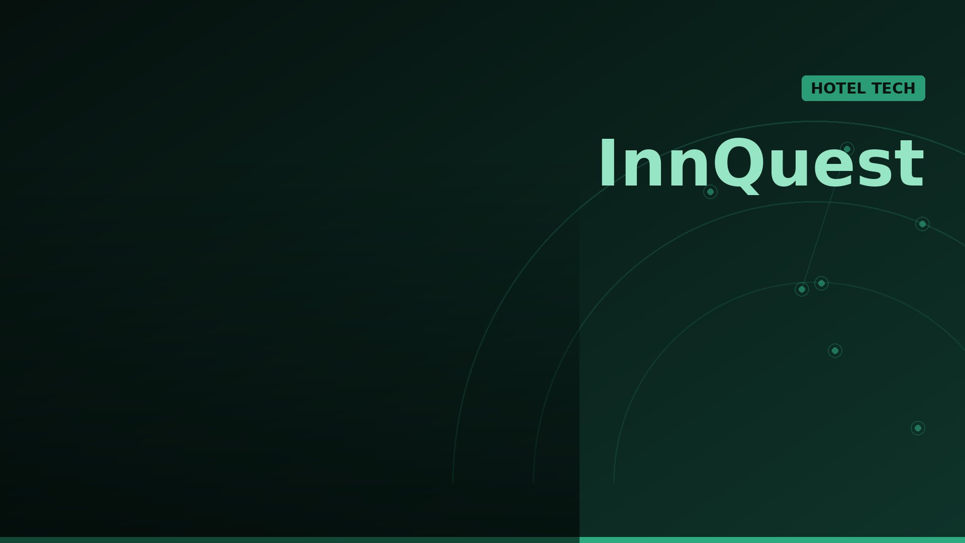 Green gradient hero banner with the word InnQuest and a small HOTEL TECH badge on the right, indicating a tech-focused hotel brand.