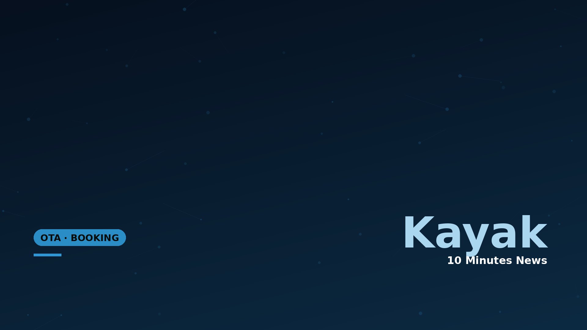 Hero banner for a Kayak-themed page: dark blue gradient background with a dotted network motif, large light-blue 'Kayak' text, and '10 Minutes News' subtitle; OTA Booking badge in the lower-left corner.