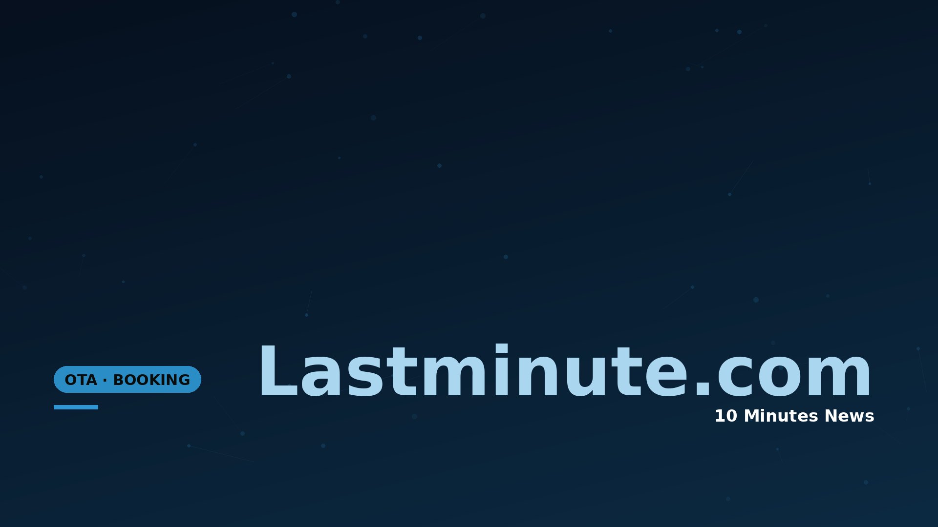 Dark blue gradient banner with small light dots; large 'Lastminute.com' text at the bottom and a blue rounded 'OTA • BOOKING' badge on the left.