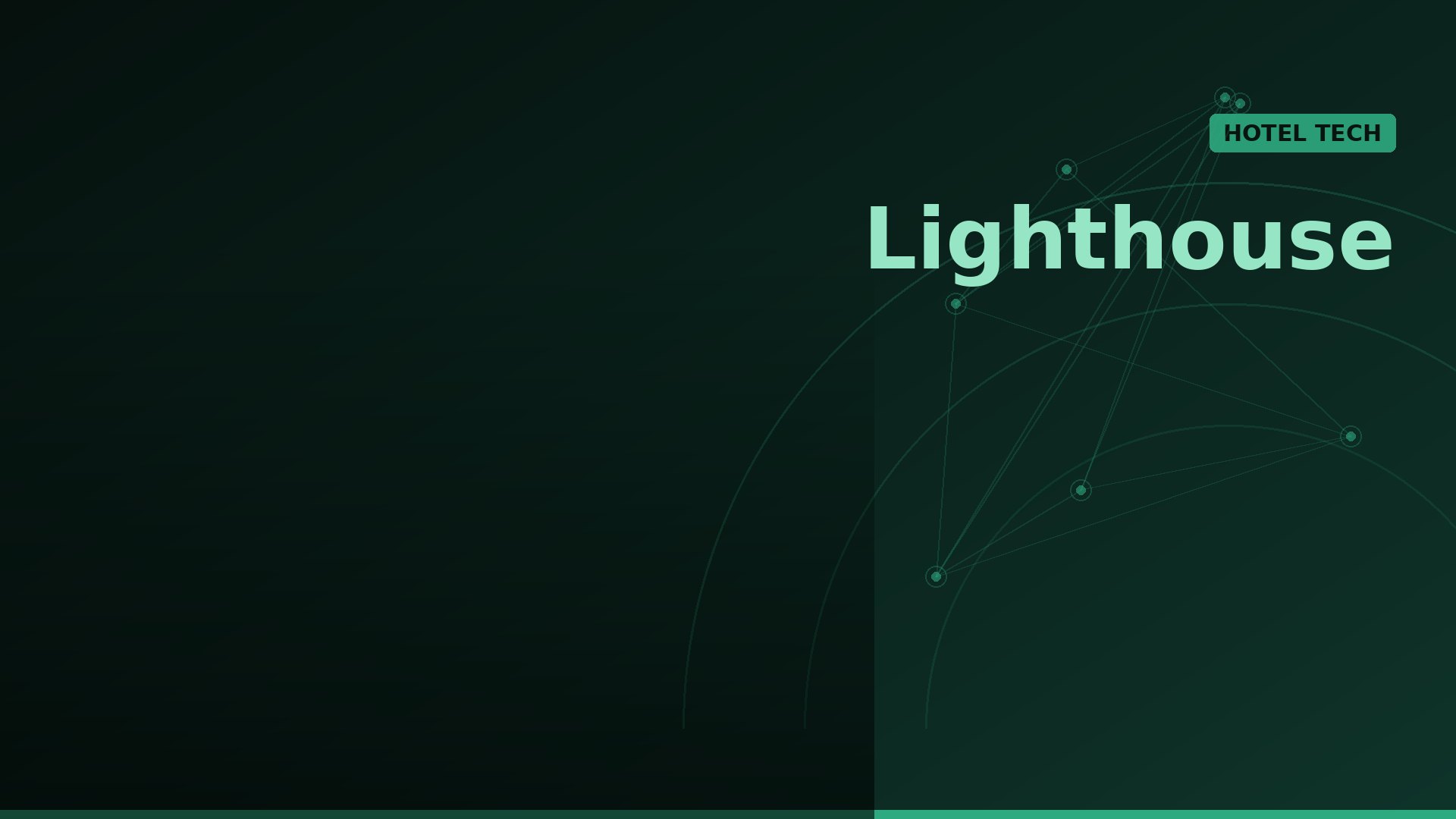 Dark green gradient banner with a network of pale teal lines and nodes, and the word Lighthouse with a teal Hotel Tech badge.