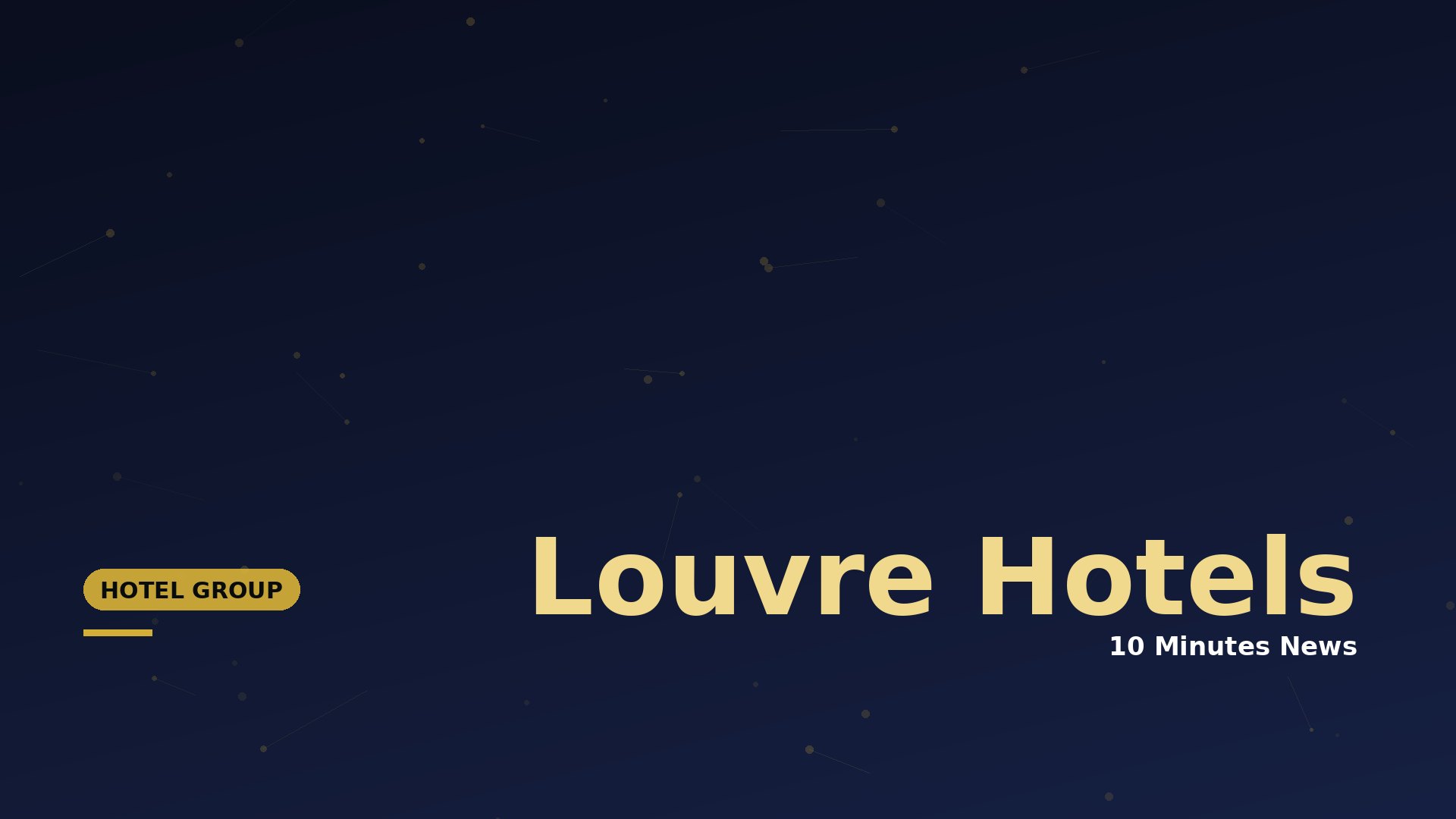 Dark blue gradient banner with gold text reading 'Louvre Hotels' and '10 Minutes News' plus a gold 'HOTEL GROUP' badge on the left.
